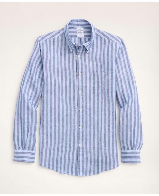 Brooks Brothers Regent Regular-fit Sport Shirt, Irish Linen Wide Stripe | Blue/navy | Size Xs In Blue,navy
