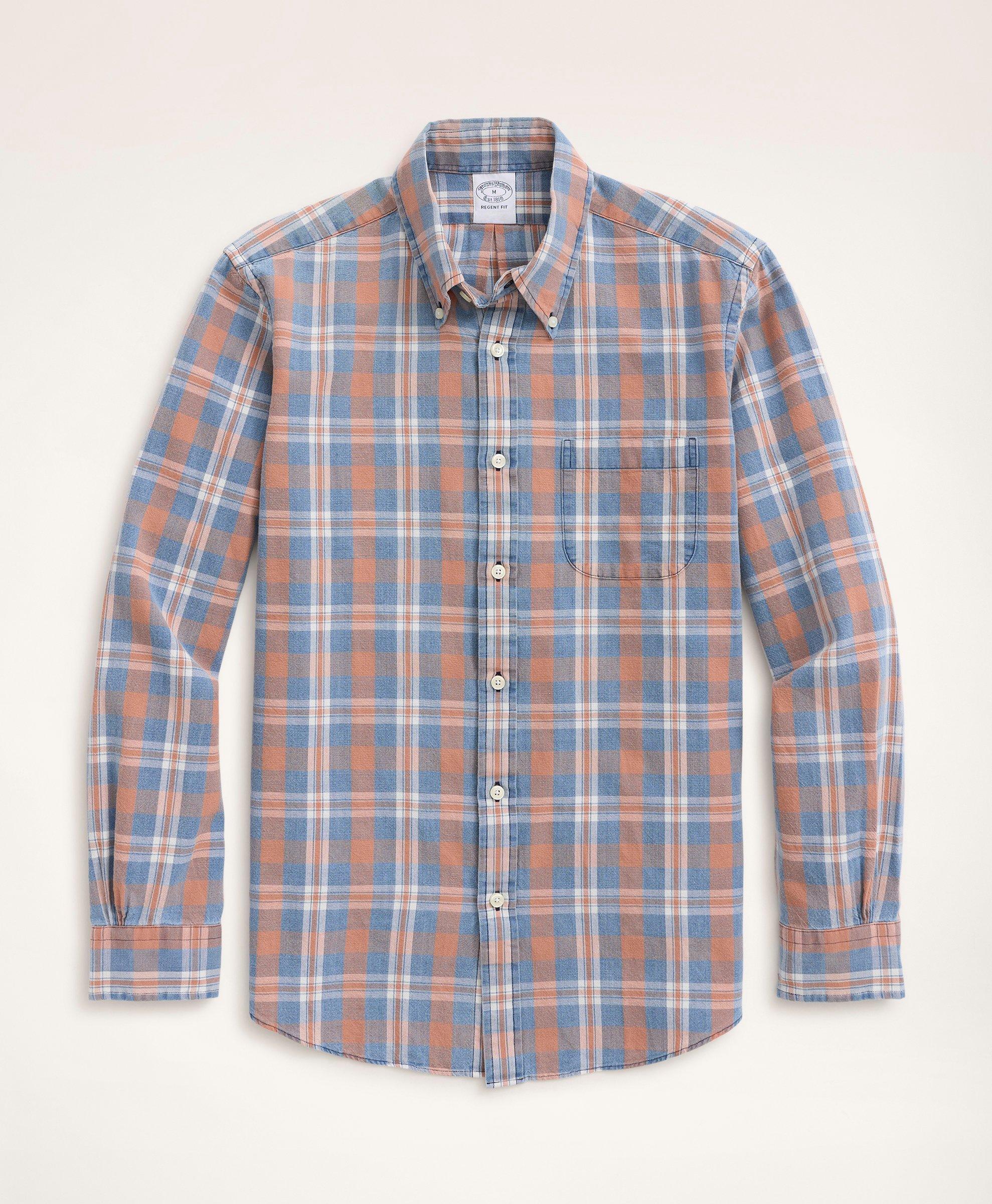 Brooks Brothers Regent Regular-fit Oxford Sport Shirt, Plaid Weave | Indigo/coral | Size Xs In Indigo,coral