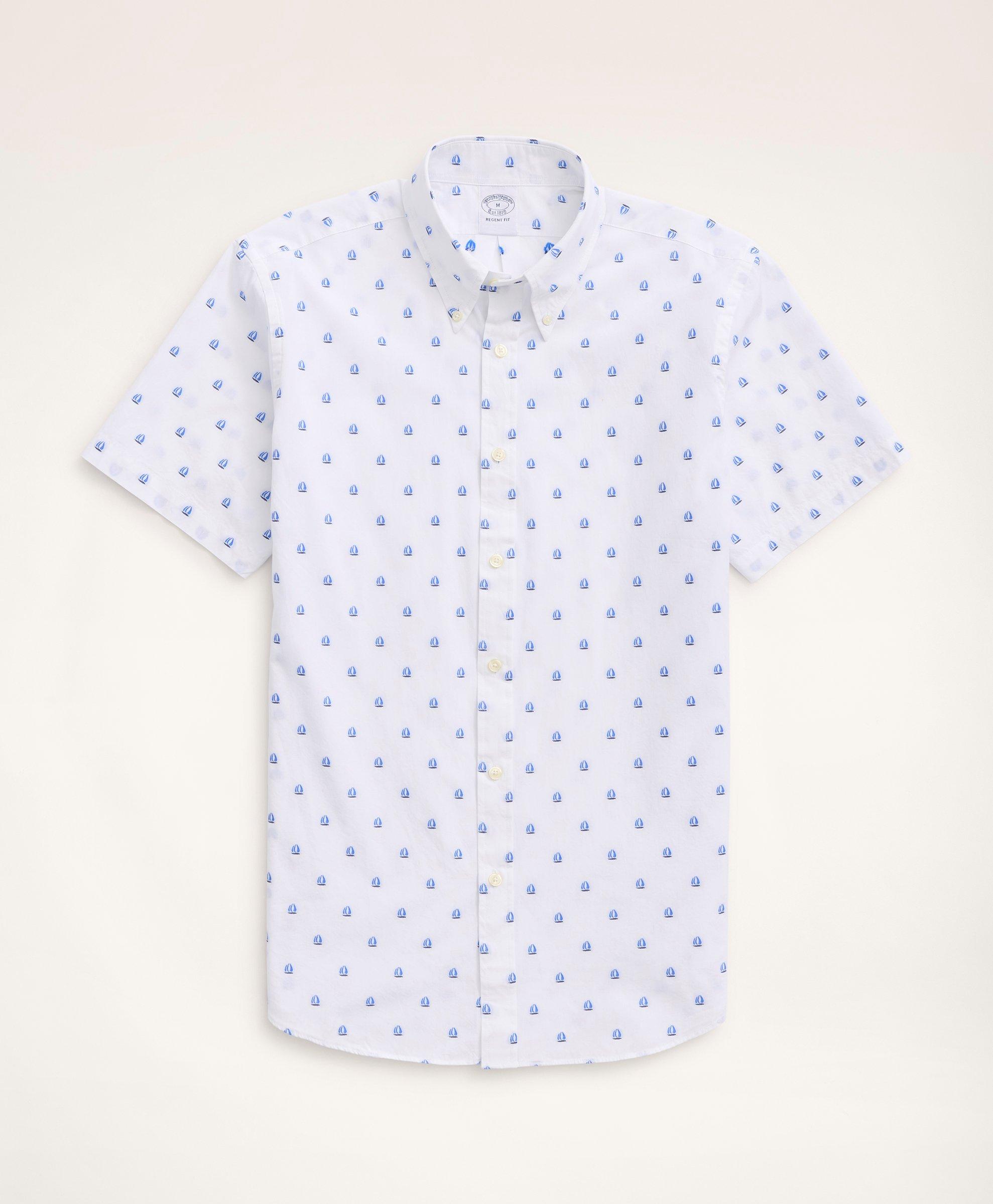 Brooks Brothers Regent Regular-fit Short-sleeve Sport Shirt, Jacquard Sailboat Motif | White | Size Xs