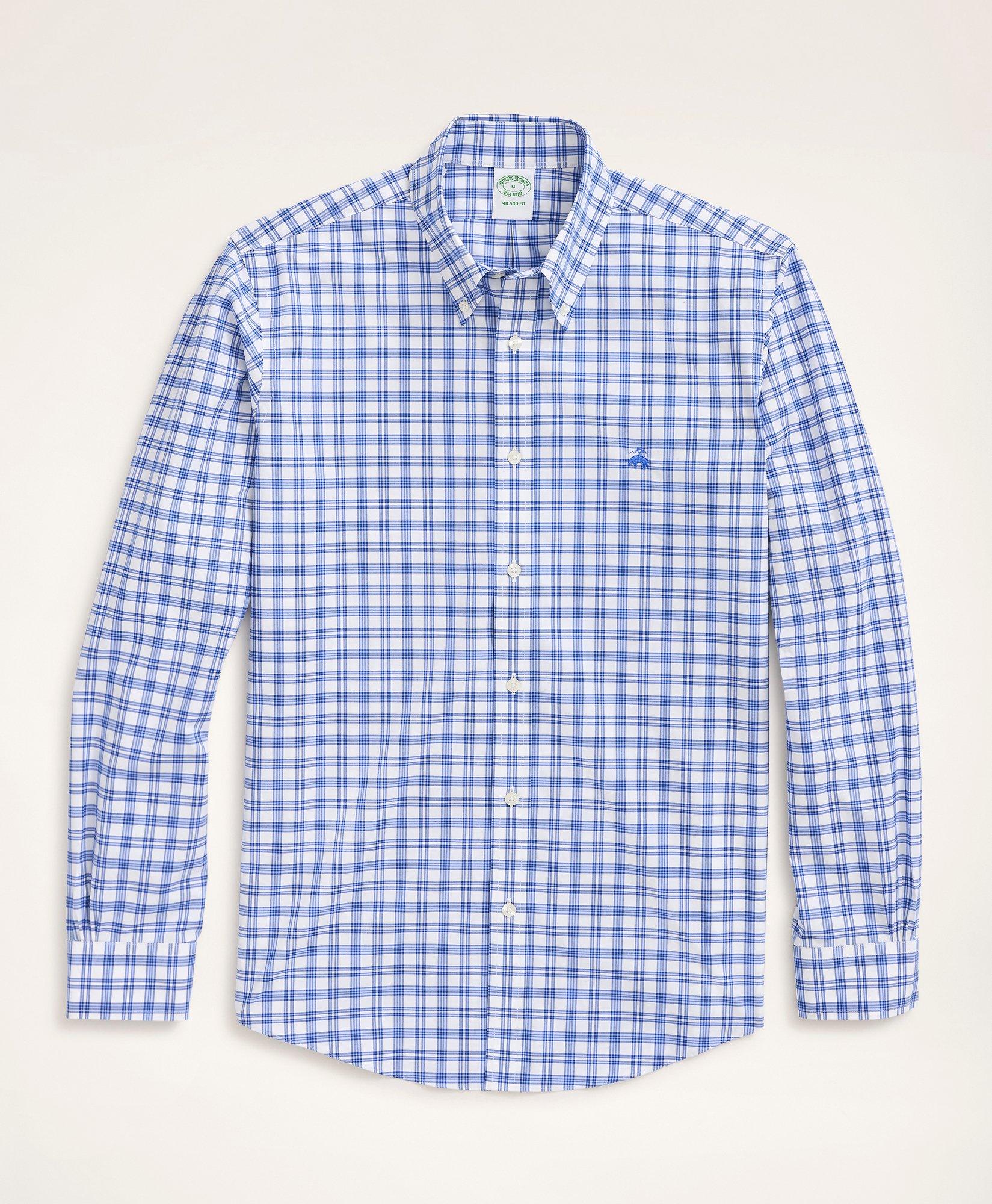 Brooks Brothers Stretch Milano Slim-fit Sport Shirt, Non-iron Check | Blue | Size Xs