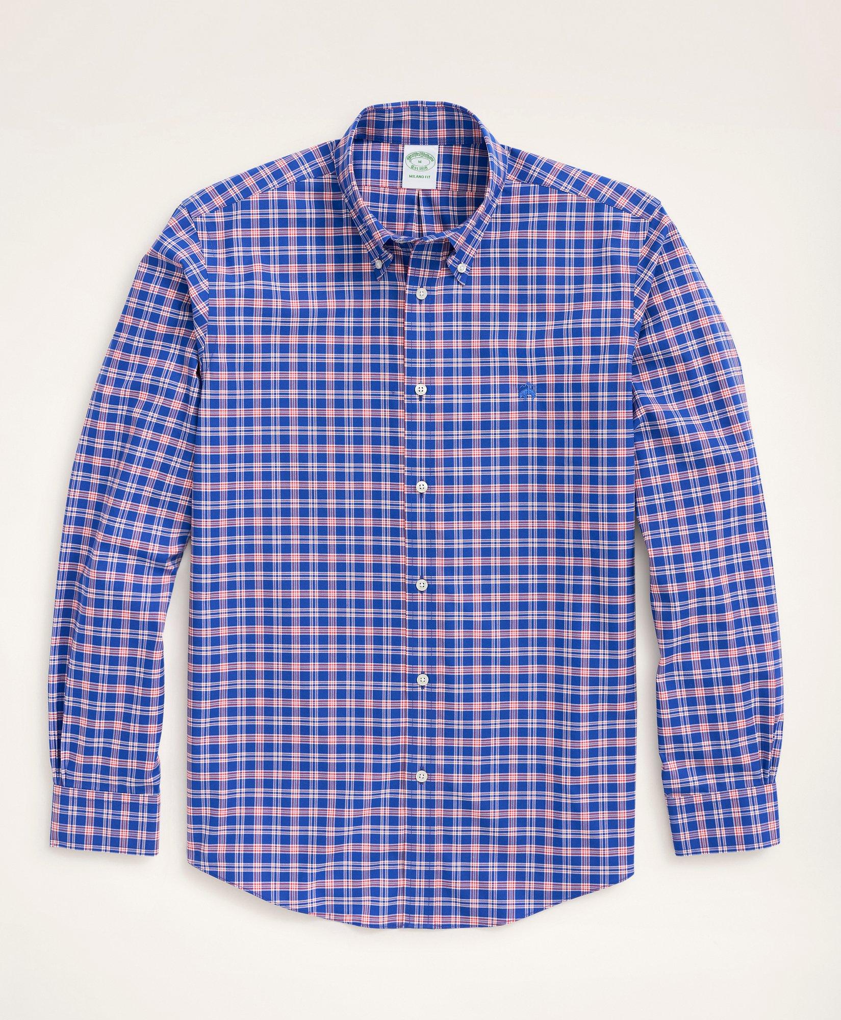 Brooks Brothers Stretch Milano Slim-fit Sport Shirt, Non-iron Check | Dark Blue | Size Xs