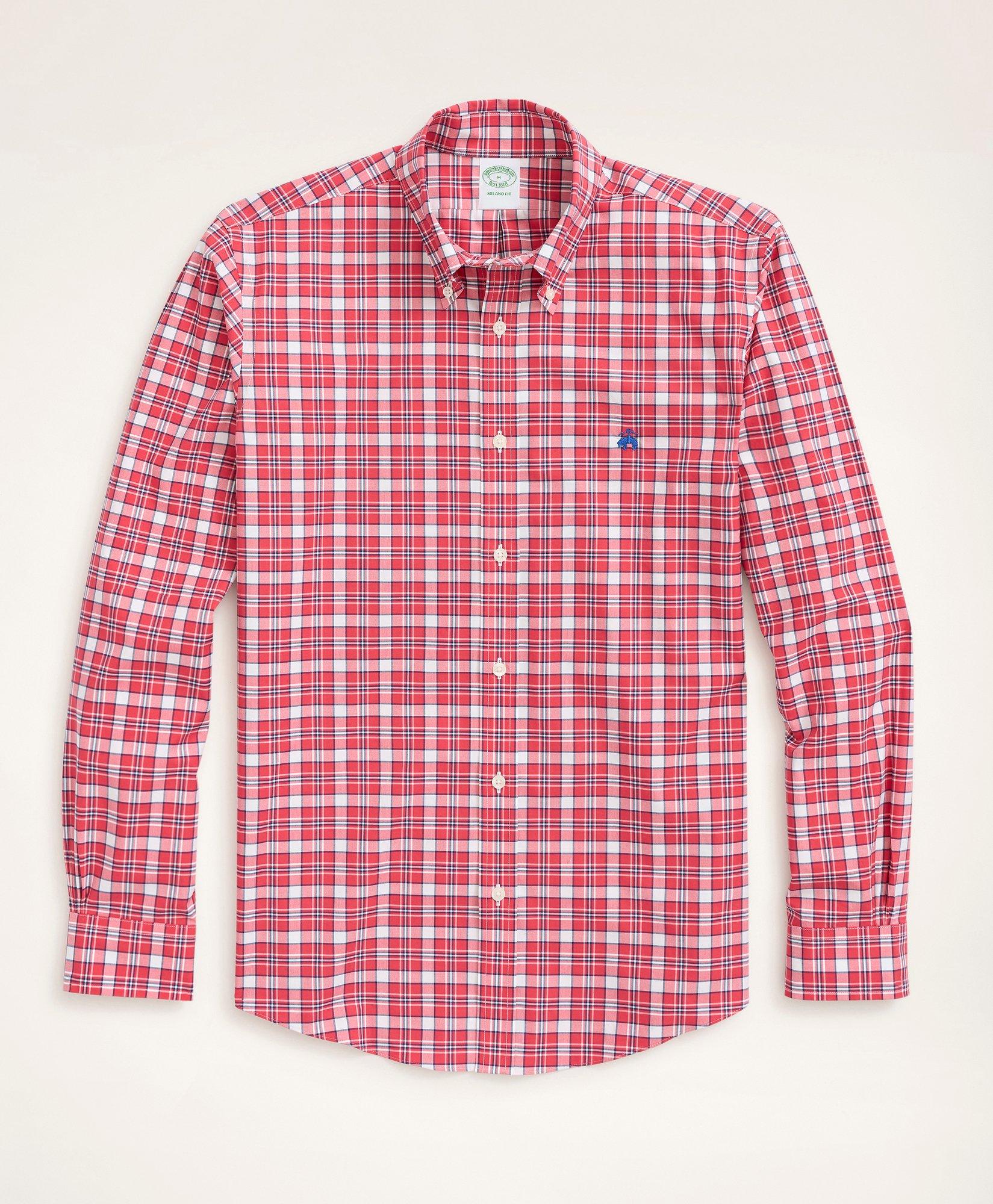 Brooks Brothers Stretch Milano Slim-fit Sport Shirt, Non-iron Check | Red | Size Xs