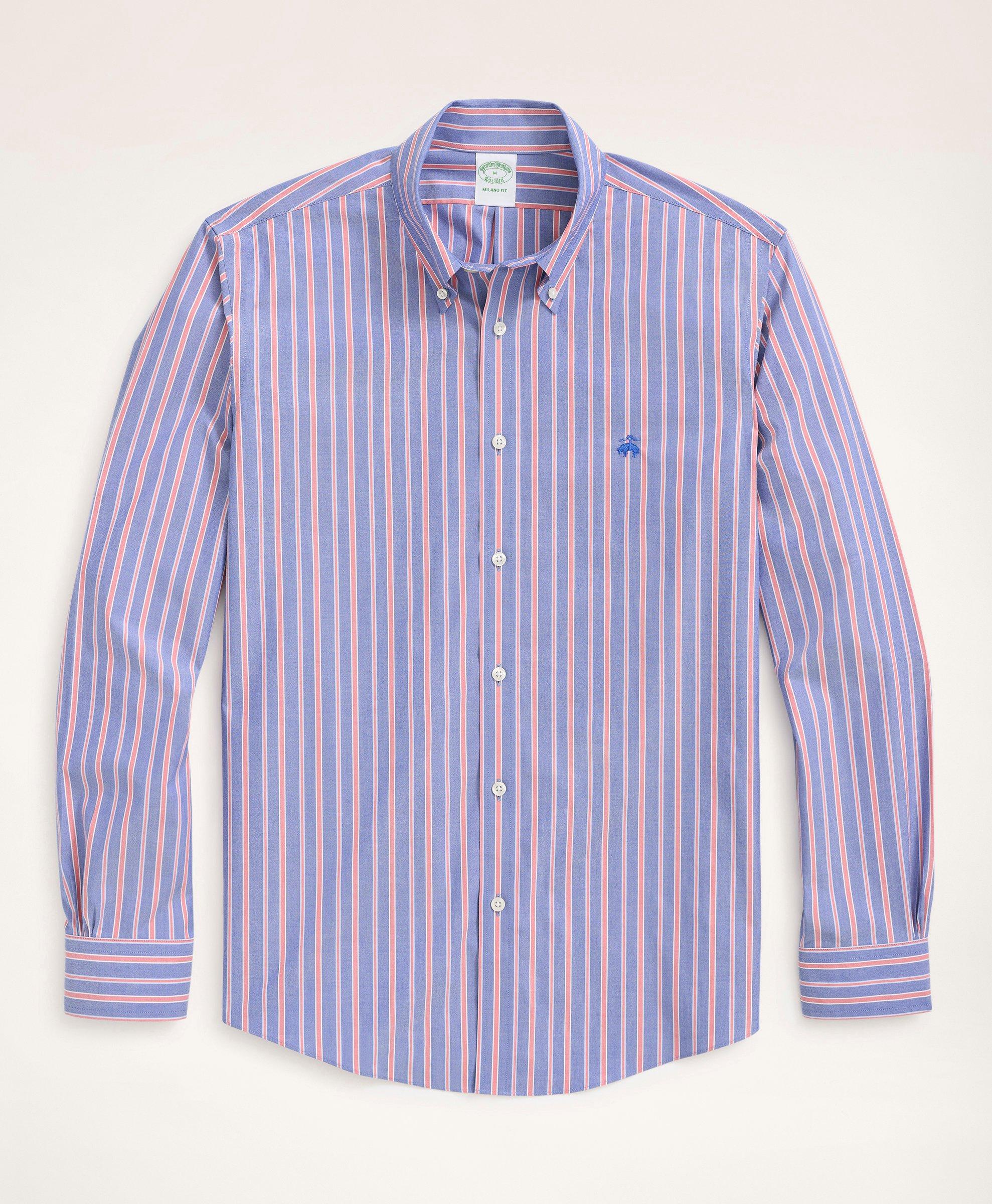 Brooks Brothers Stretch Milano Slim-fit Sport Shirt, Non-iron Stripe | Medium Blue | Size Xs