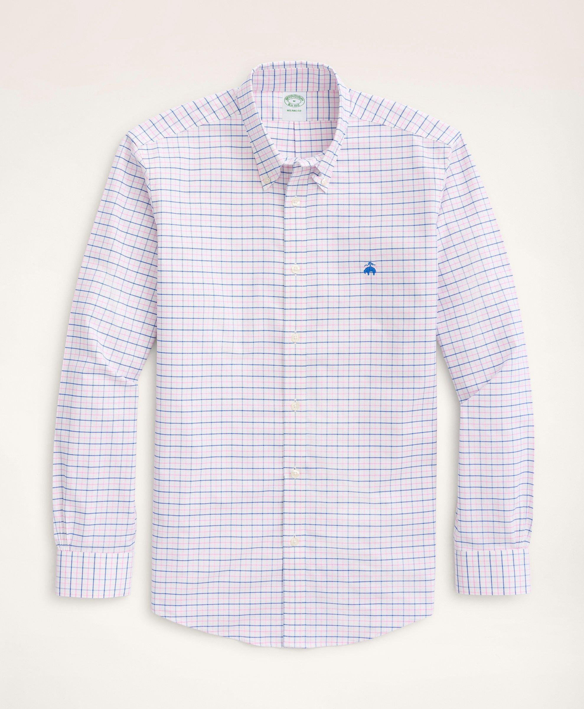 Brooks Brothers Milano Slim-fit Sport Shirt, Non-iron Oxford Windowpane | Pink | Size Xs