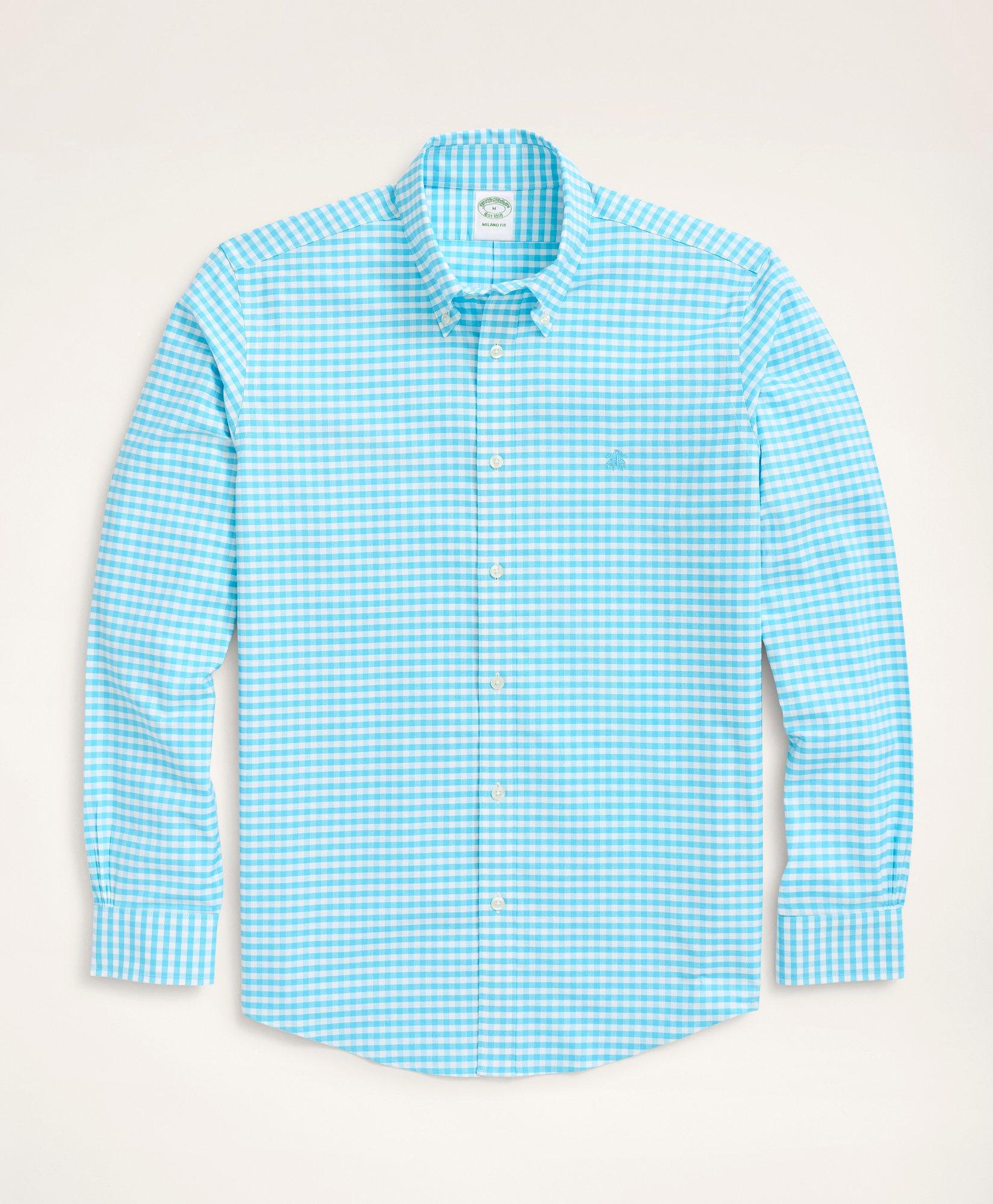 Brooks Brothers Stretch Milano Slim-fit Sport Shirt, Non-iron Gingham Oxford | Aqua | Size Xs