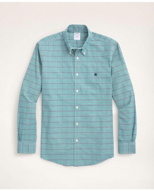 Brooks Brothers Stretch Regent Regular-fit Sport Shirt, Non-iron Oxford Button Down Collar Microcheck | Green | Size