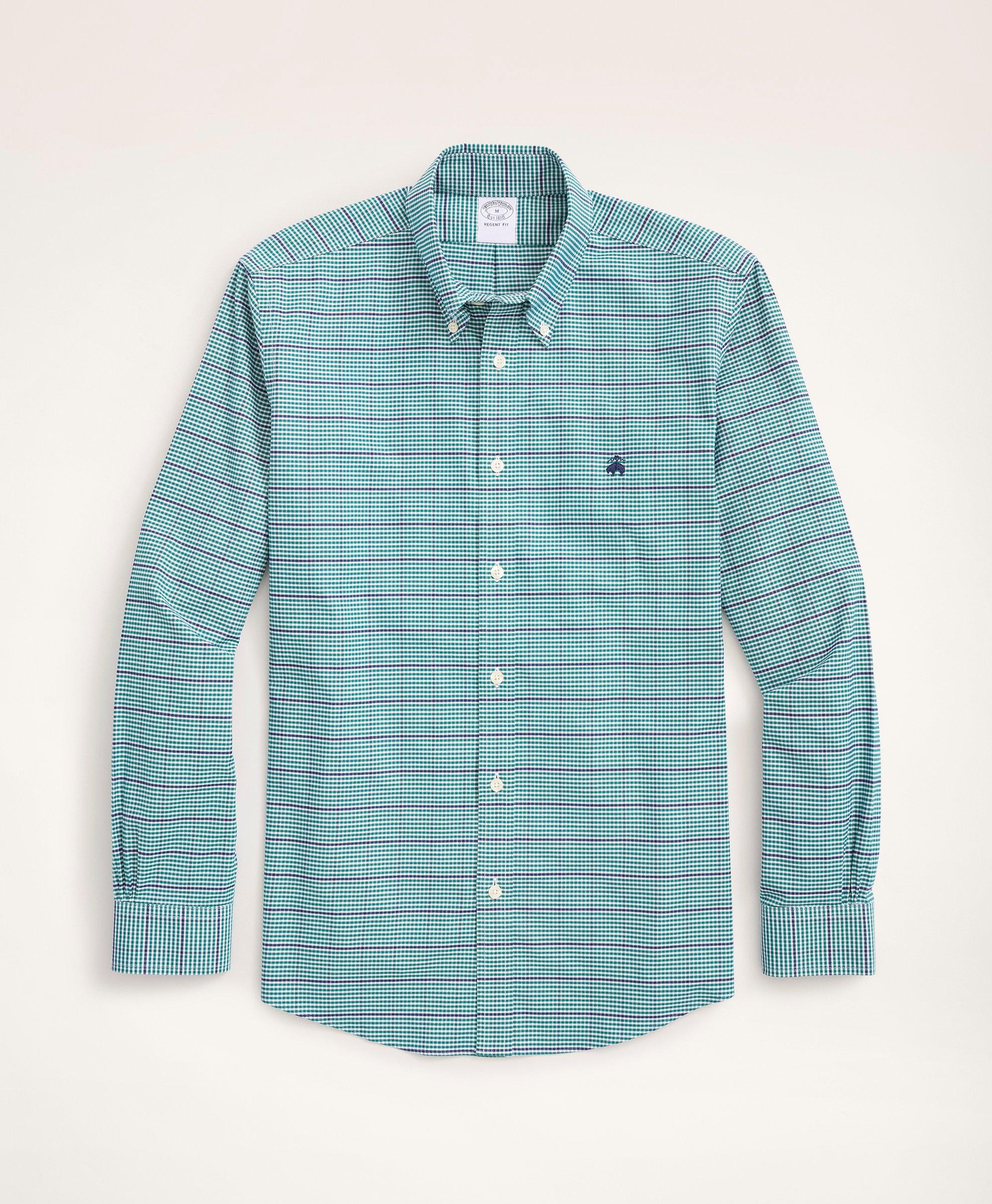 Brooks Brothers Stretch Regent Regular-fit Sport Shirt, Non-iron Oxford Button Down Collar Microcheck | Green | Size