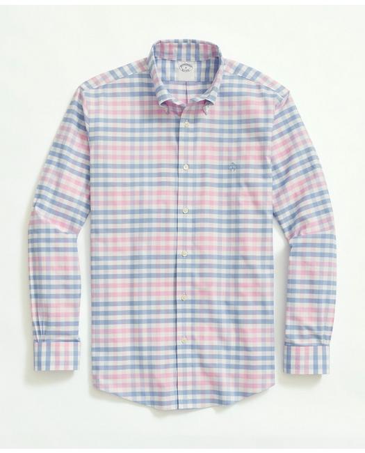 Brooks Brothers Stretch Non-iron Oxford Button-down Collar, Multi-gingham Sport Shirt | Light Blue | Size 2xl