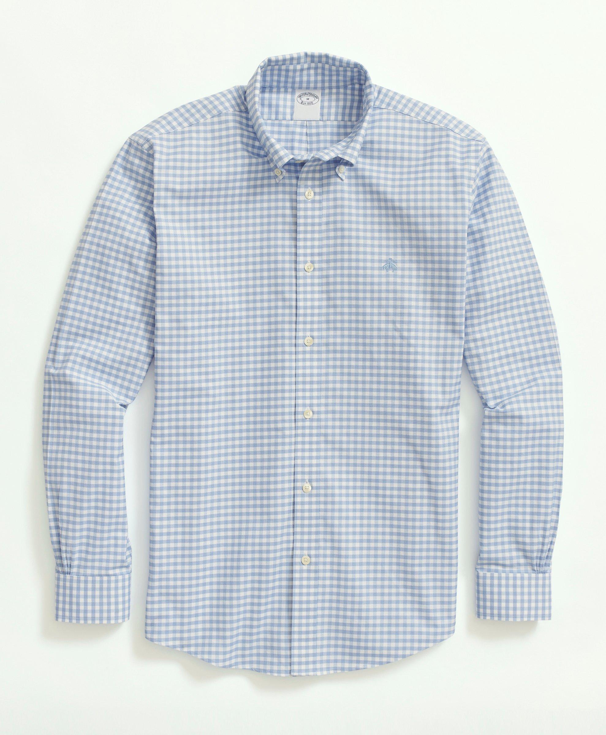 Brooks Brothers Stretch Non-iron Oxford Button-down Collar, Gingham Sport Shirt | Light Blue | Size Xs