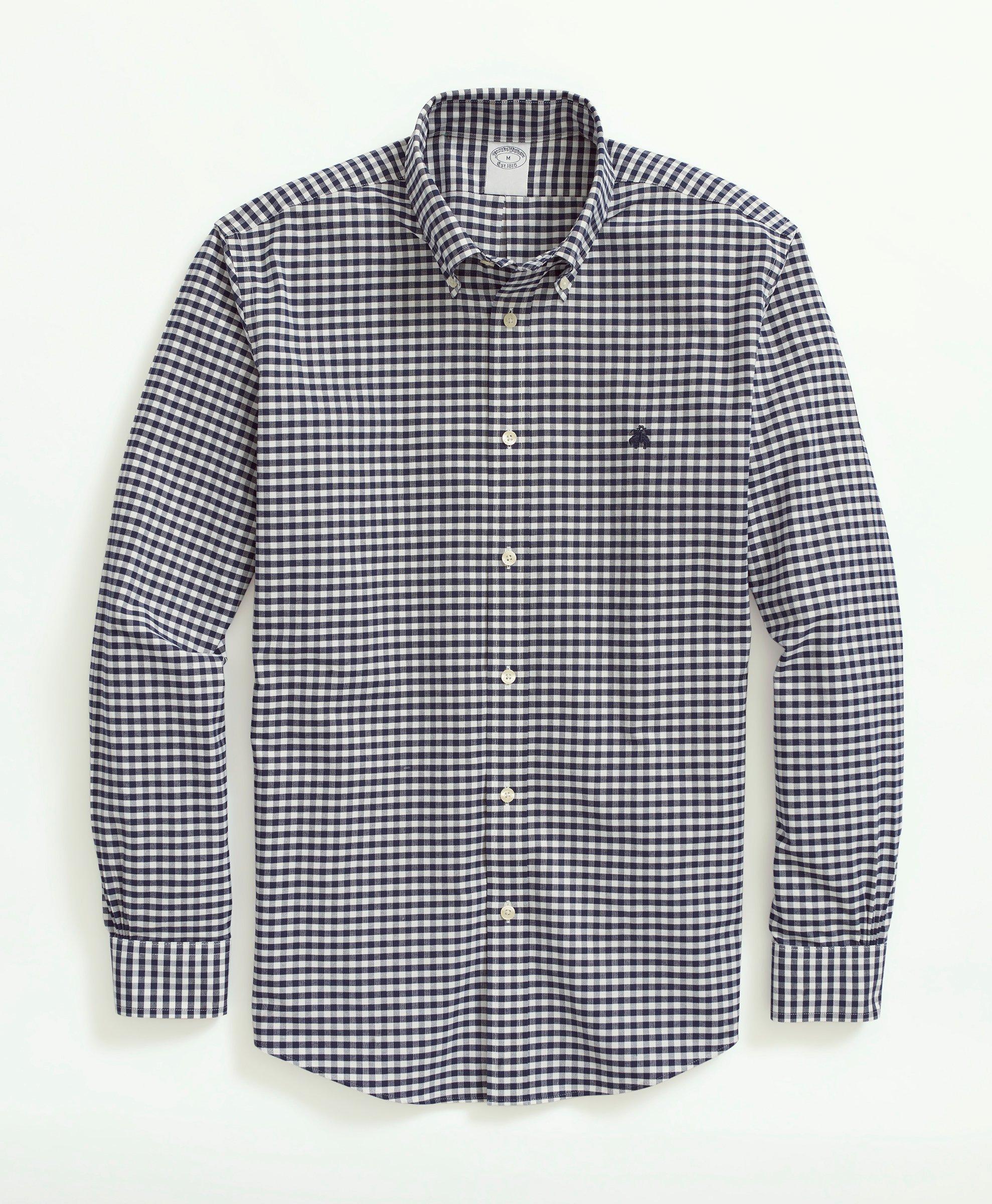Brooks Brothers Stretch Non-iron Oxford Button-down Collar, Gingham Sport Shirt | Navy | Size Xs