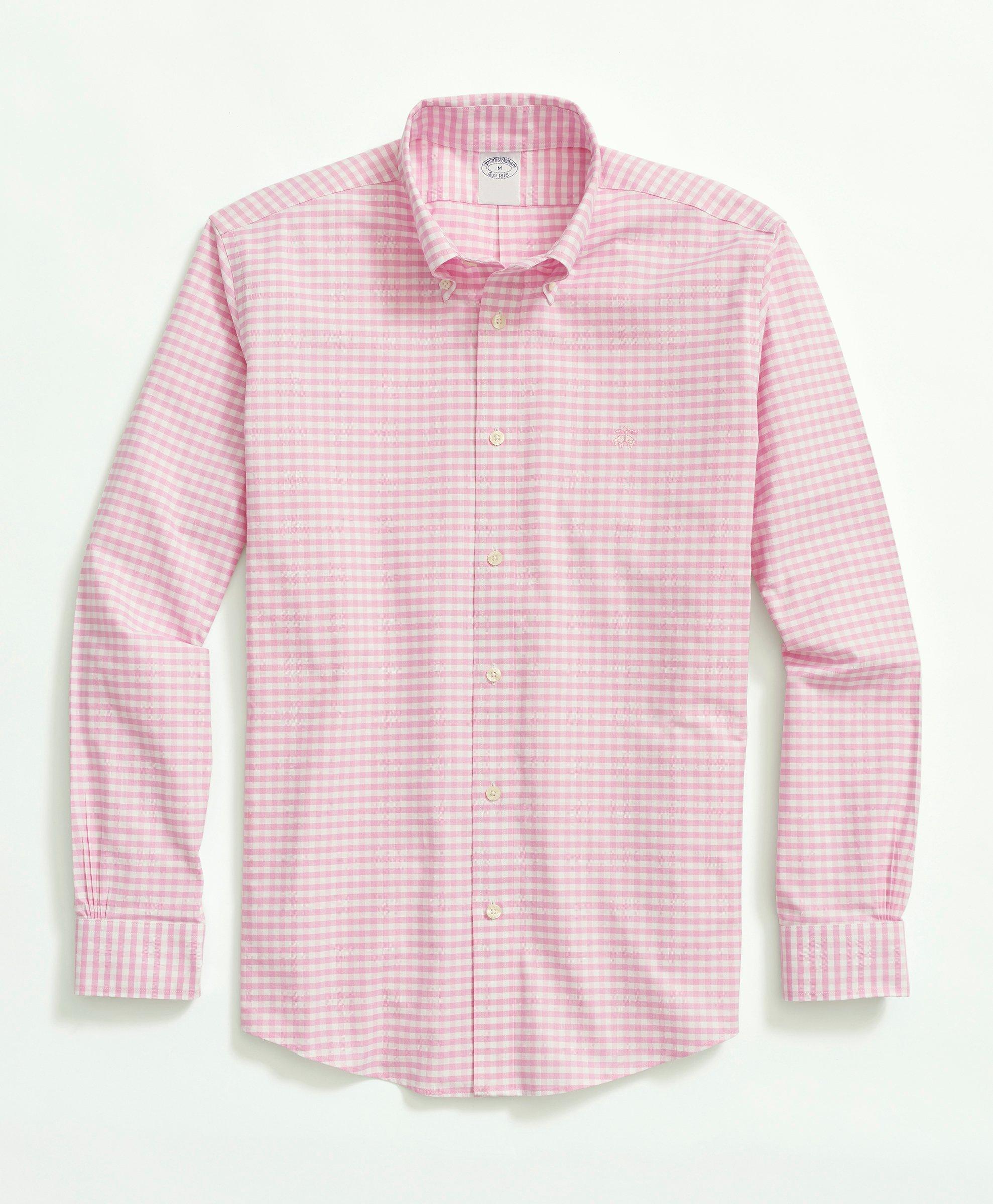 Brooks Brothers Stretch Non-iron Oxford Button-down Collar, Gingham Sport Shirt | Pink | Size Small