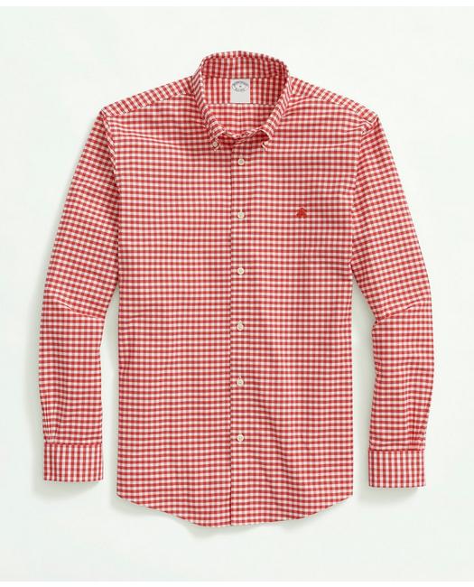 Brooks Brothers Stretch Non-iron Oxford Button-down Collar, Gingham Sport Shirt | Red | Size Xs