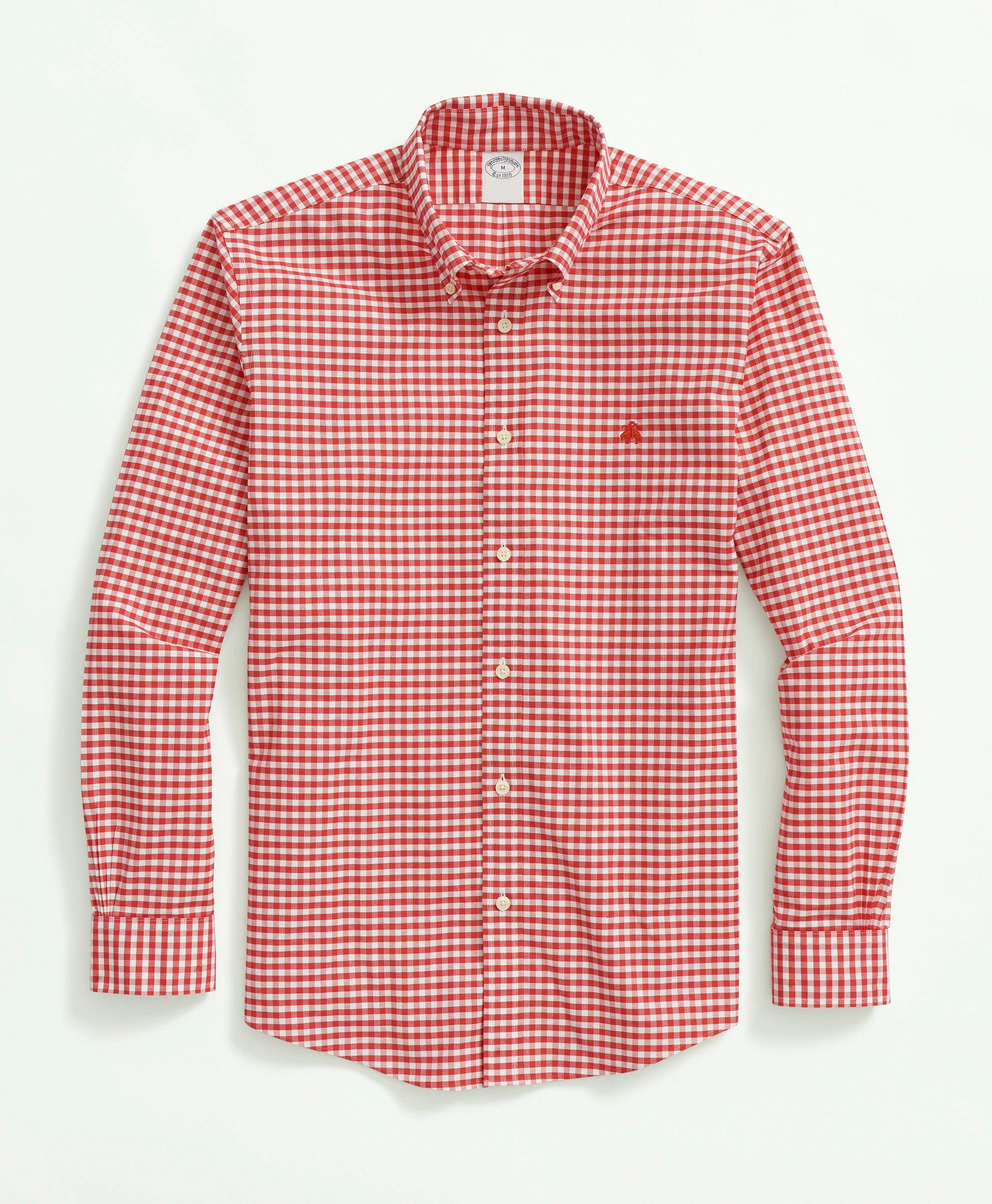 Brooks Brothers Stretch Non-iron Oxford Button-down Collar, Gingham Sport Shirt | Red | Size Xl