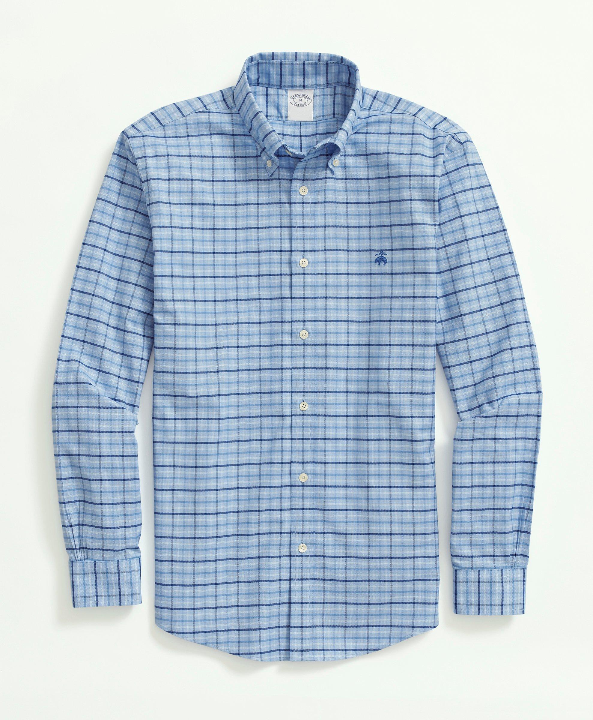 Brooks Brothers Stretch Non-iron Oxford Button-down Collar, Check Sport Shirt | Blue | Size Small In Blue
