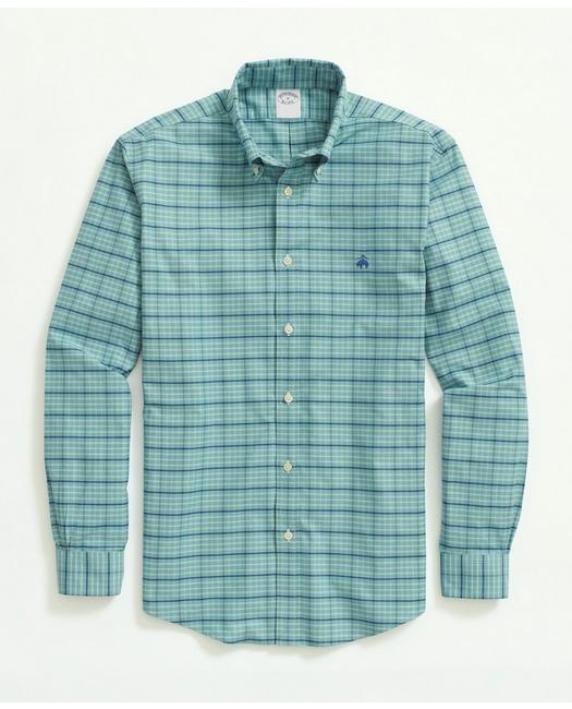 Brooks Brothers Stretch Non-iron Oxford Button-down Collar, Check Sport Shirt | Green | Size Xs