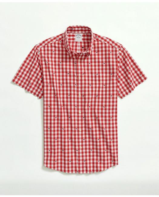 Brooks Brothers Washed Cotton Poplin Button-down Collar, Embroidered Gingham Short-sleeve Sport Shirt | Size Small In Red
