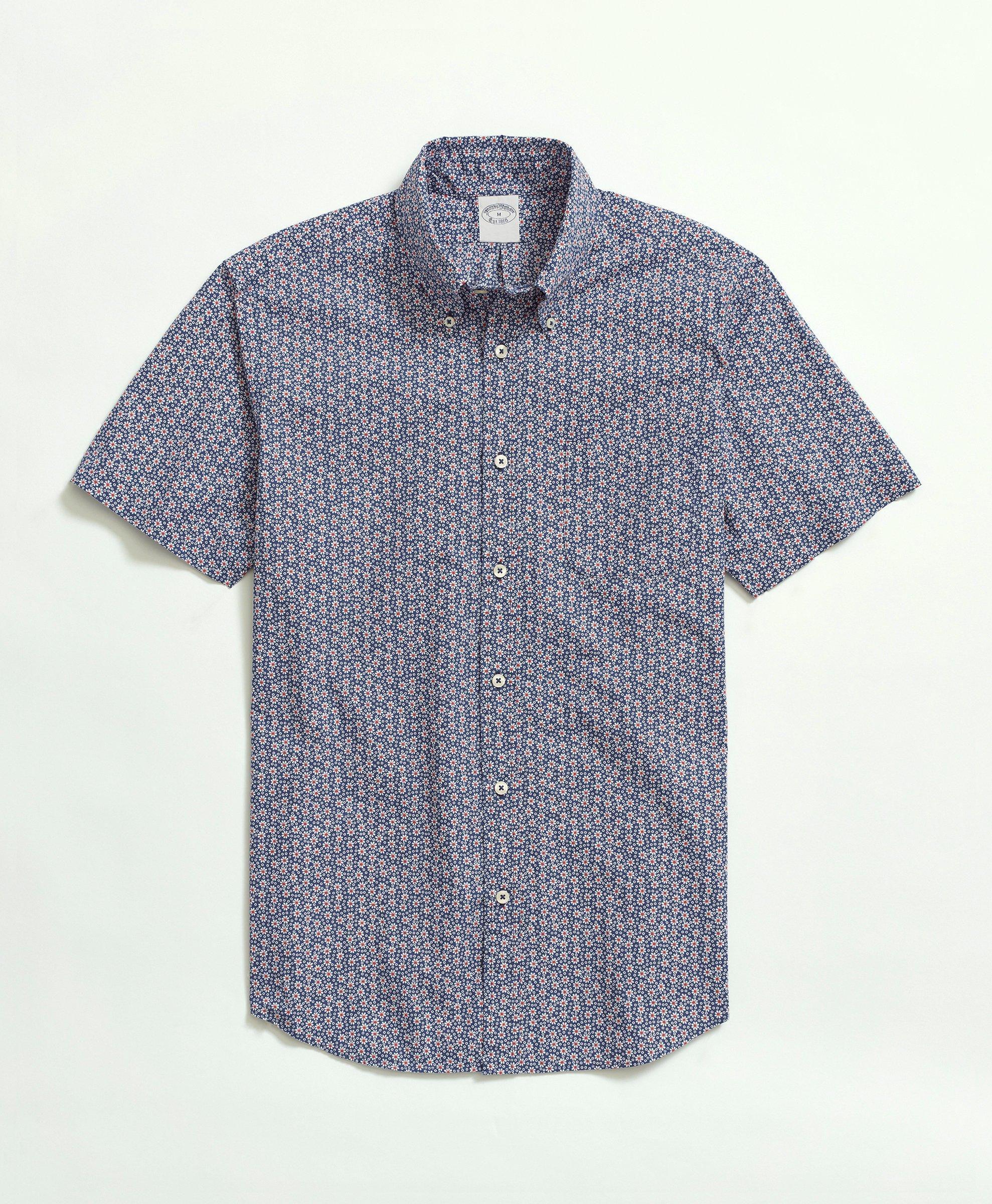 Brooks Brothers Cotton Poplin Button-down Collar, Floral Print Short-sleeve Sport Shirt | Navy | Size Xs