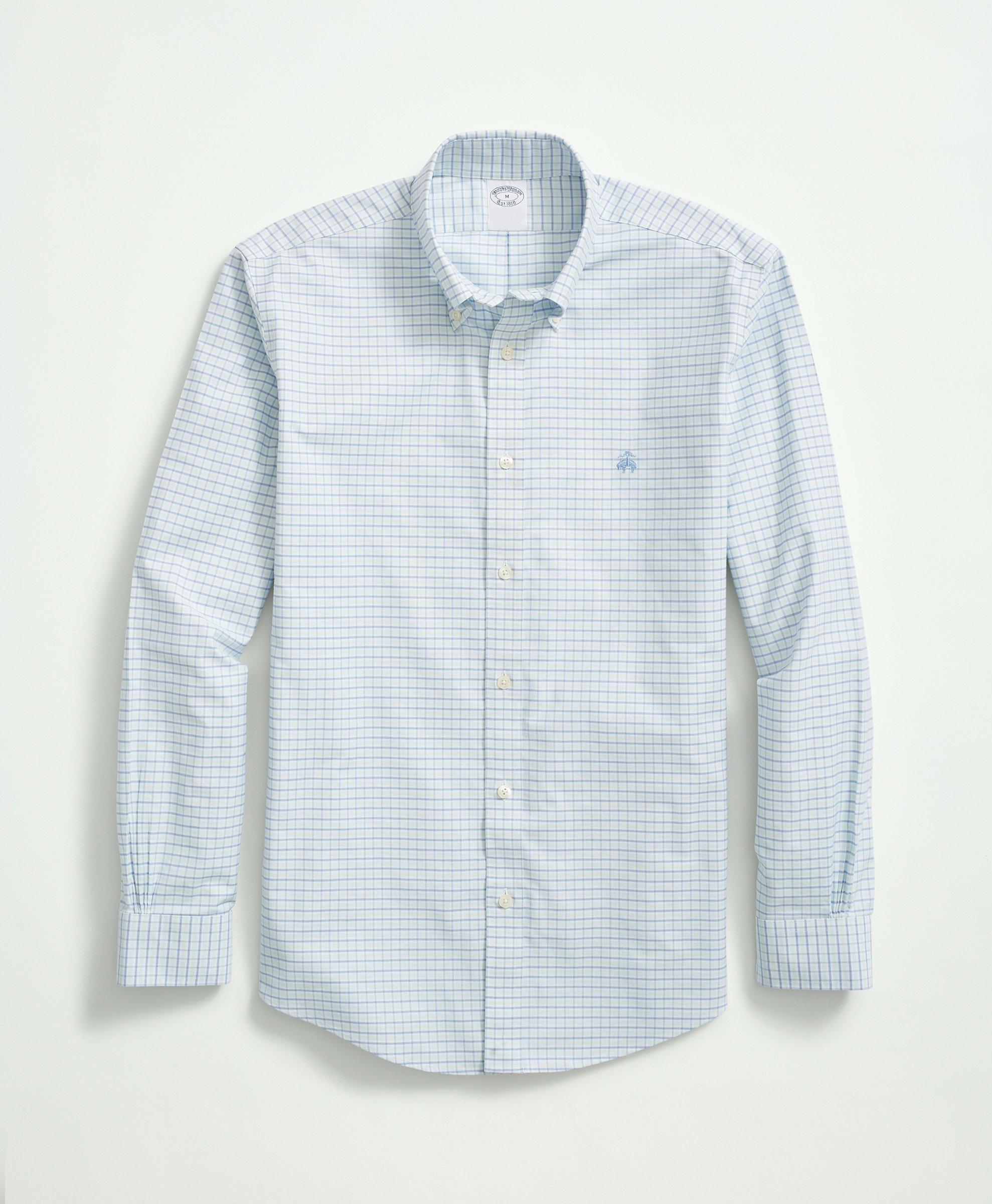 Brooks Brothers Stretch Non-iron Oxford Button-down Collar, Mini Check Sport Shirt | Aqua | Size Xs