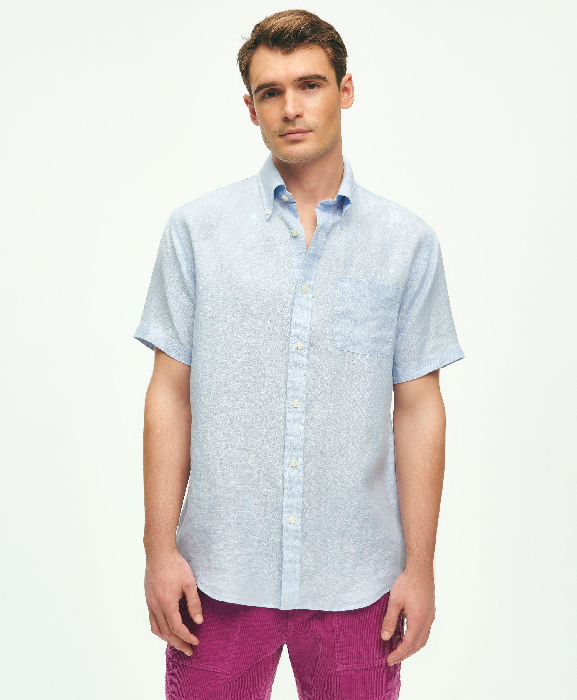 Brooks Brothers Irish Linen Short-sleeve Sport Shirt In Light Blue
