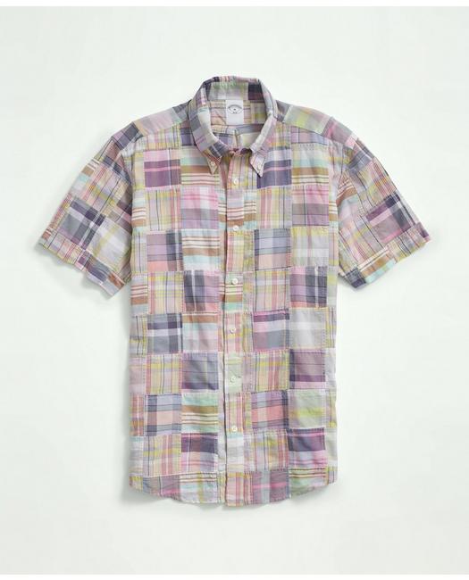 Brooks Brothers Washed Cotton Madras, Patchwork Short-sleeve Sport Shirt | Pink | Size Small