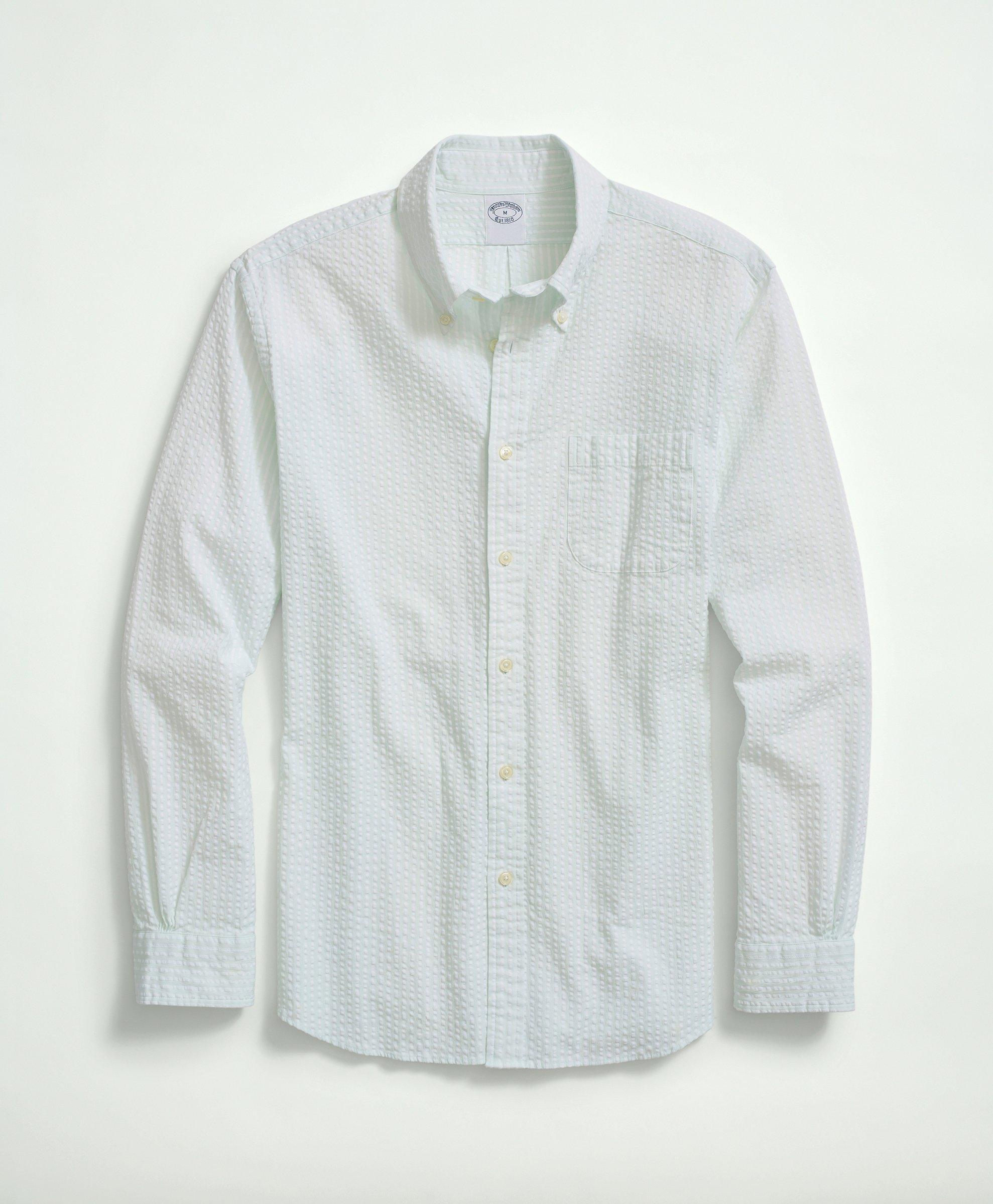 Brooks Brothers Stretch Cotton Seersucker Button-down Collar, Bengal Stripe Sport Shirt | Aqua | Size Small