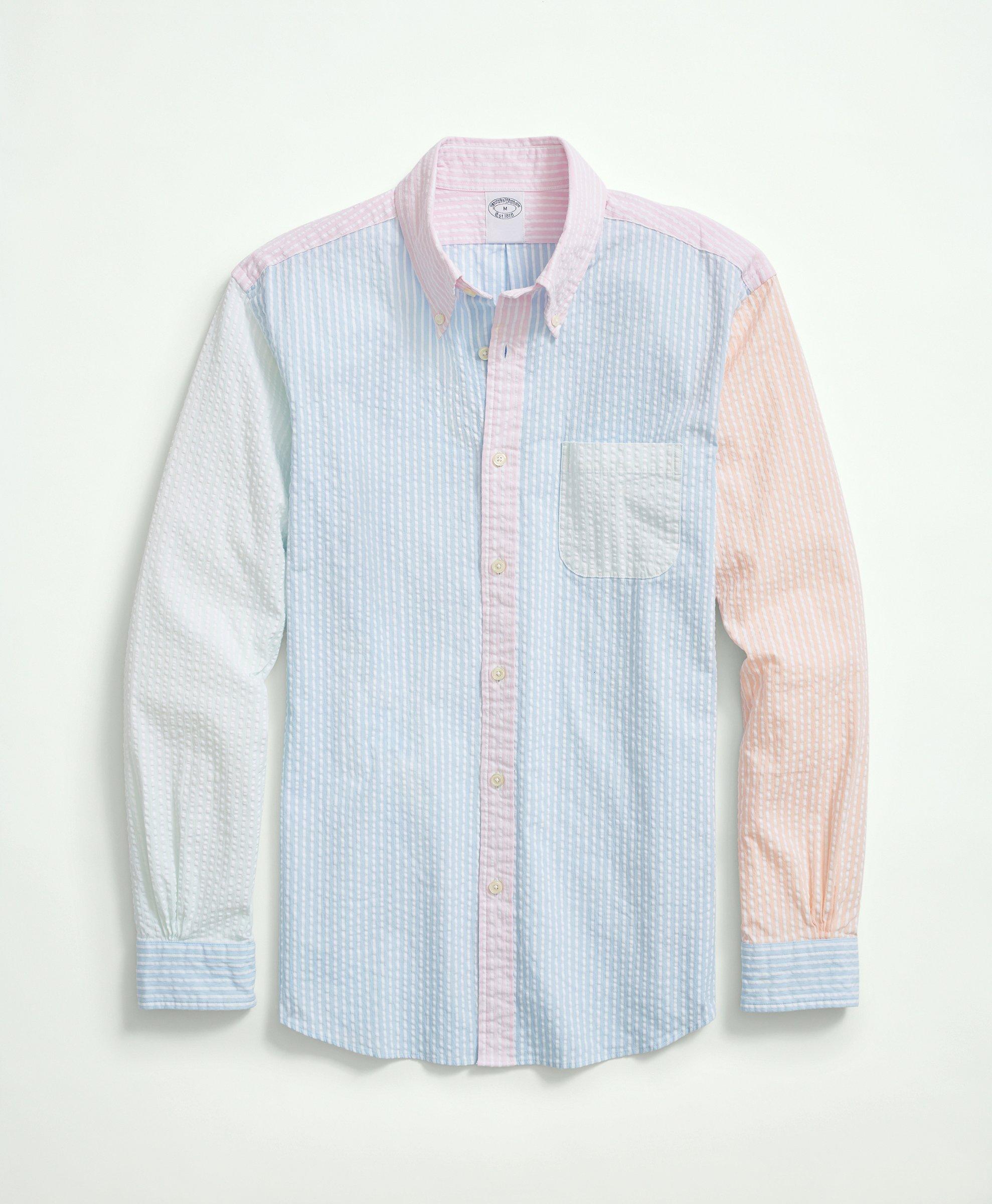 Brooks Brothers Washed Stretch Cotton Seersucker Button-down Collar, Fun Stripe Sport Shirt | Blue | Size Xl