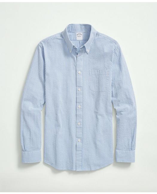 Brooks Brothers Washed Cotton Seersucker Button-down Collar, Stripe Sport Shirt | Marine Blue | Size Xs