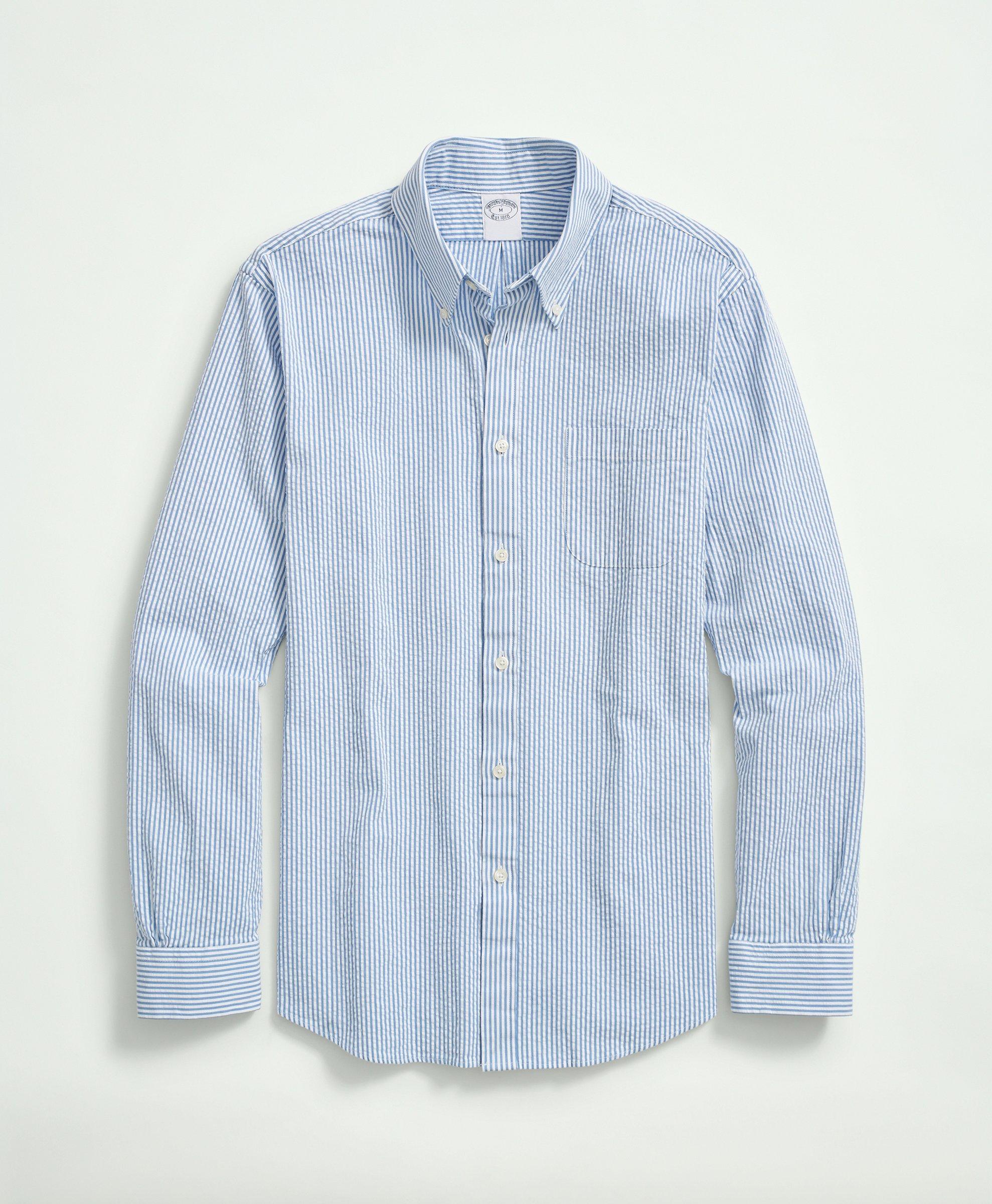 Brooks Brothers Washed Cotton Seersucker Button-down Collar, Stripe Sport Shirt | Blue | Size Xs