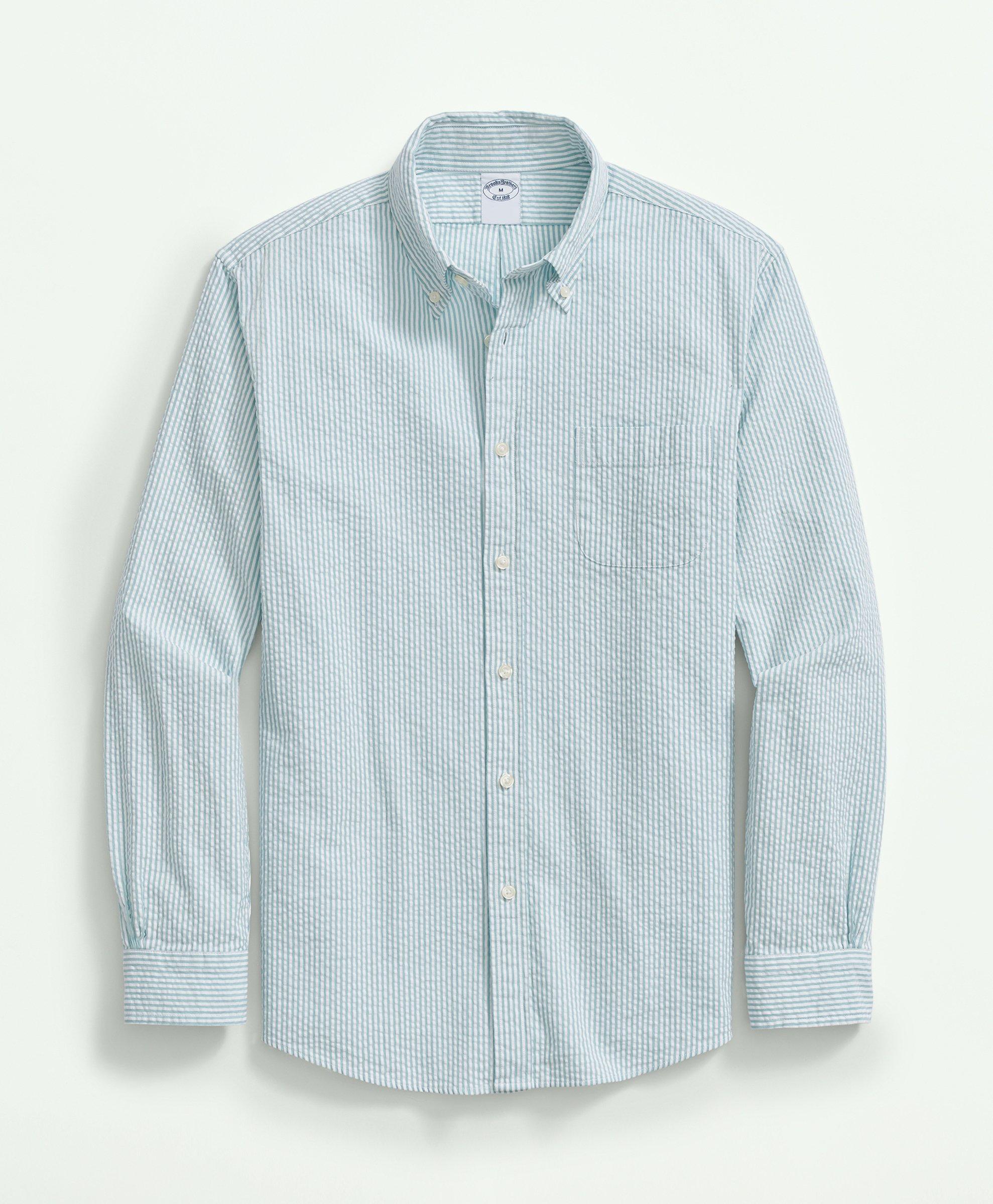 Shop Brooks Brothers Washed Cotton Seersucker Button-down Collar, Stripe Sport Shirt | Marine Blue | Size Xl