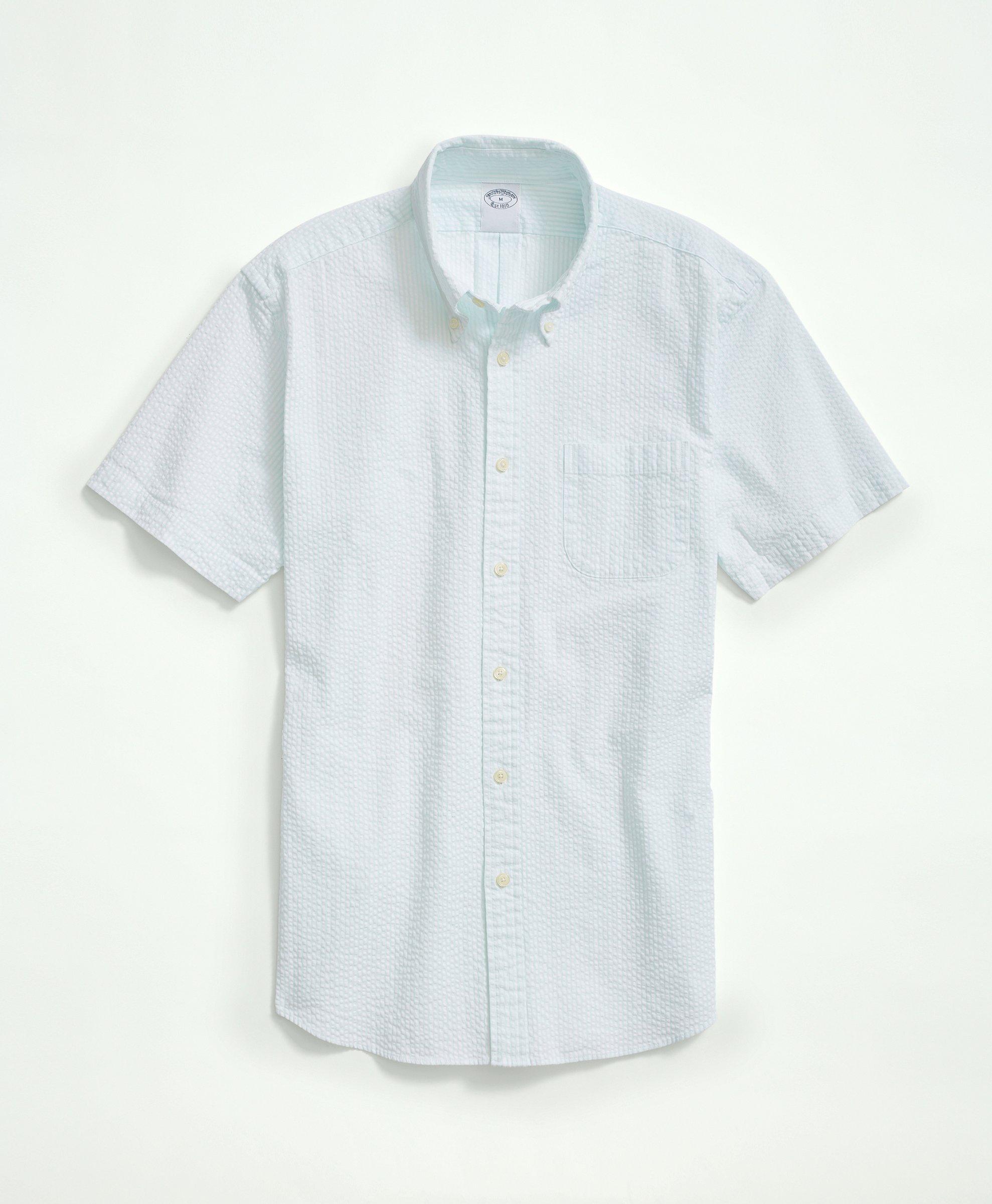 Brooks Brothers Washed Cotton Seersucker Button-down Collar, Stripe Short-sleeve Sport Shirt | Aqua | Size Medium