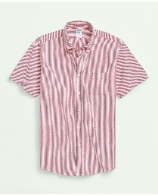 Shop Brooks Brothers Washed Cotton Seersucker Button-down Collar, Stripe Short-sleeve Sport Shirt | Red | Size Medium