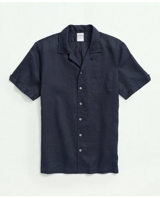 Brooks Brothers Irish Linen Camp Collar Short-sleeve Sport Shirt | Navy | Size Xsml