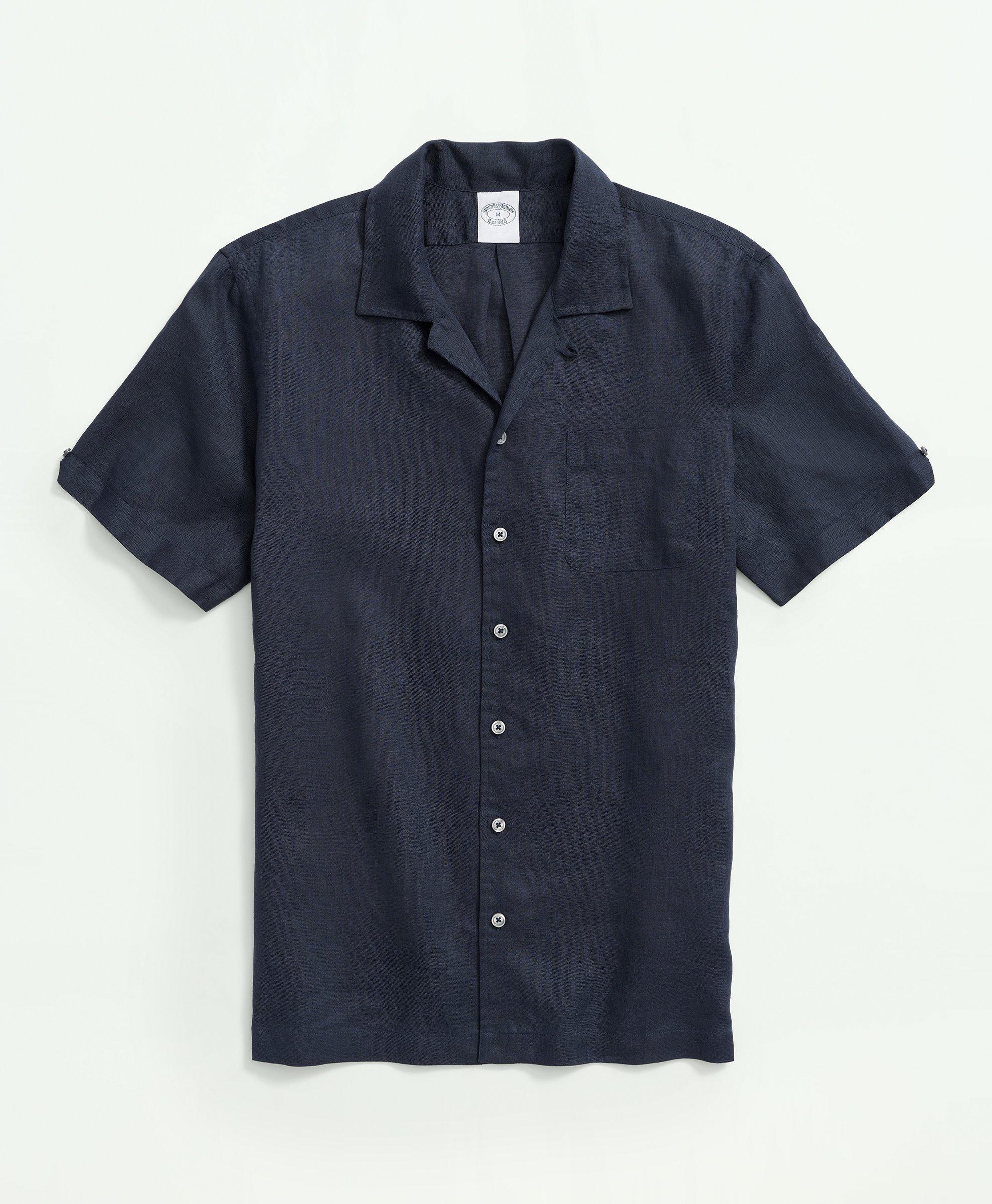 Brooks Brothers Irish Linen Camp Collar Short-sleeve Sport Shirt | Navy | Size Xsml