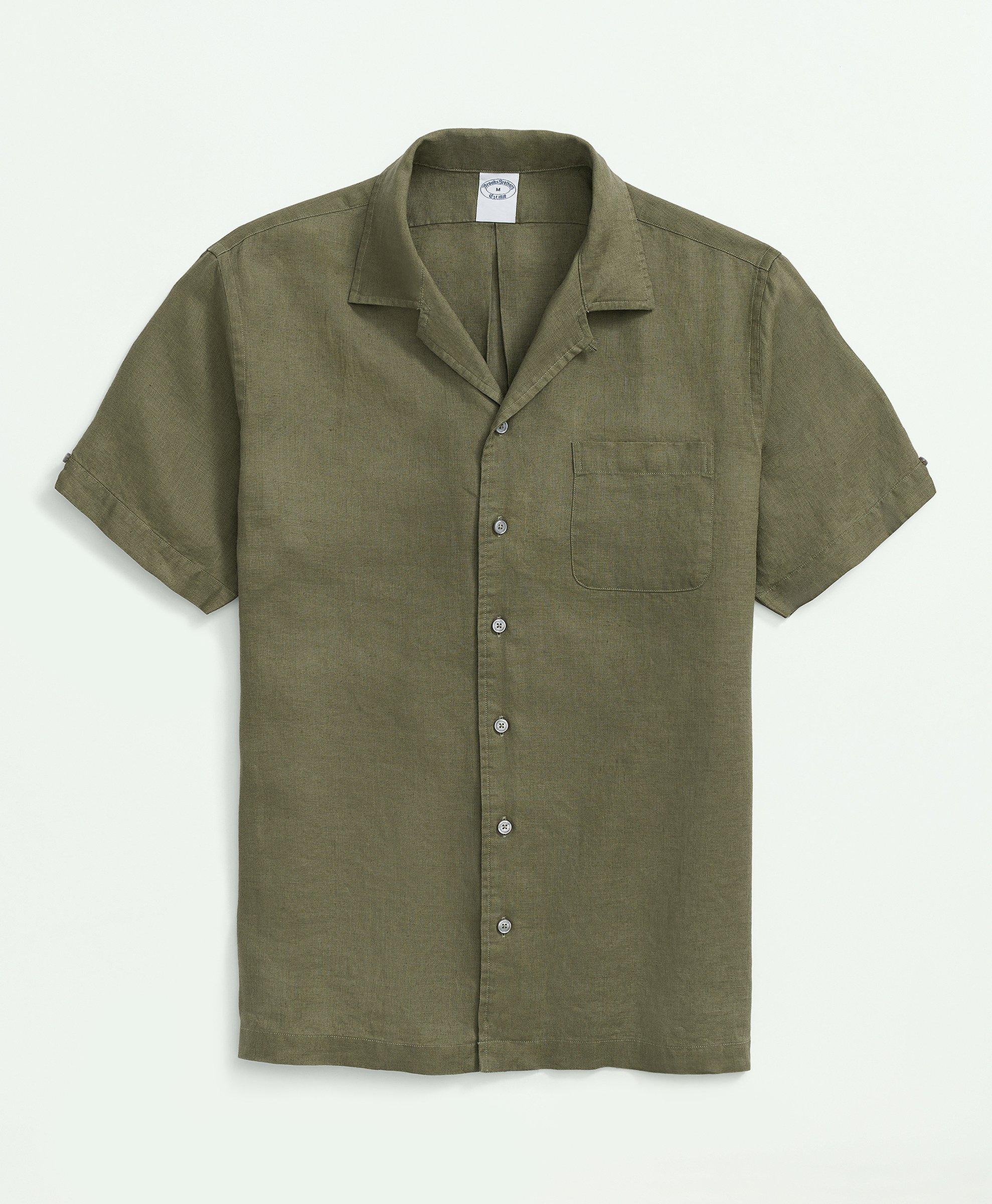 Brooks Brothers Irish Linen Camp Collar Short-sleeve Sport Shirt | Olive | Size Medium