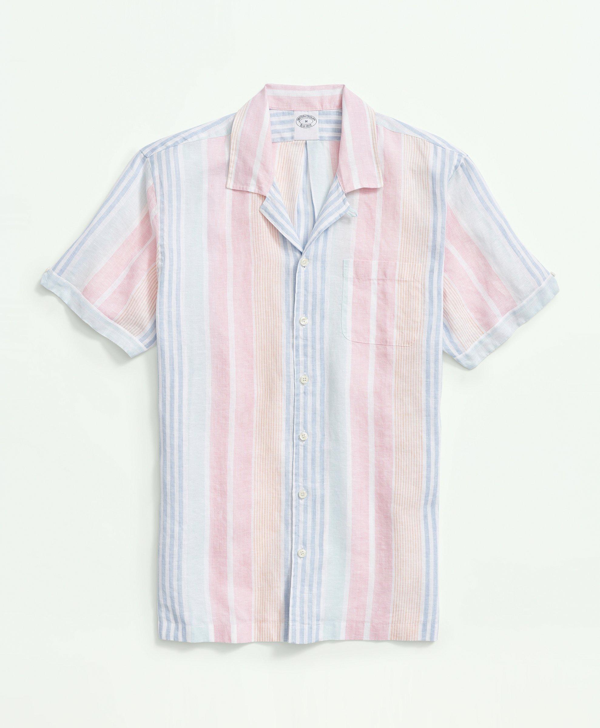 Brooks Brothers Irish Linen Camp Collar, Awning Stripe Short-sleeve Sport Shirt | Size Small In Multicolor