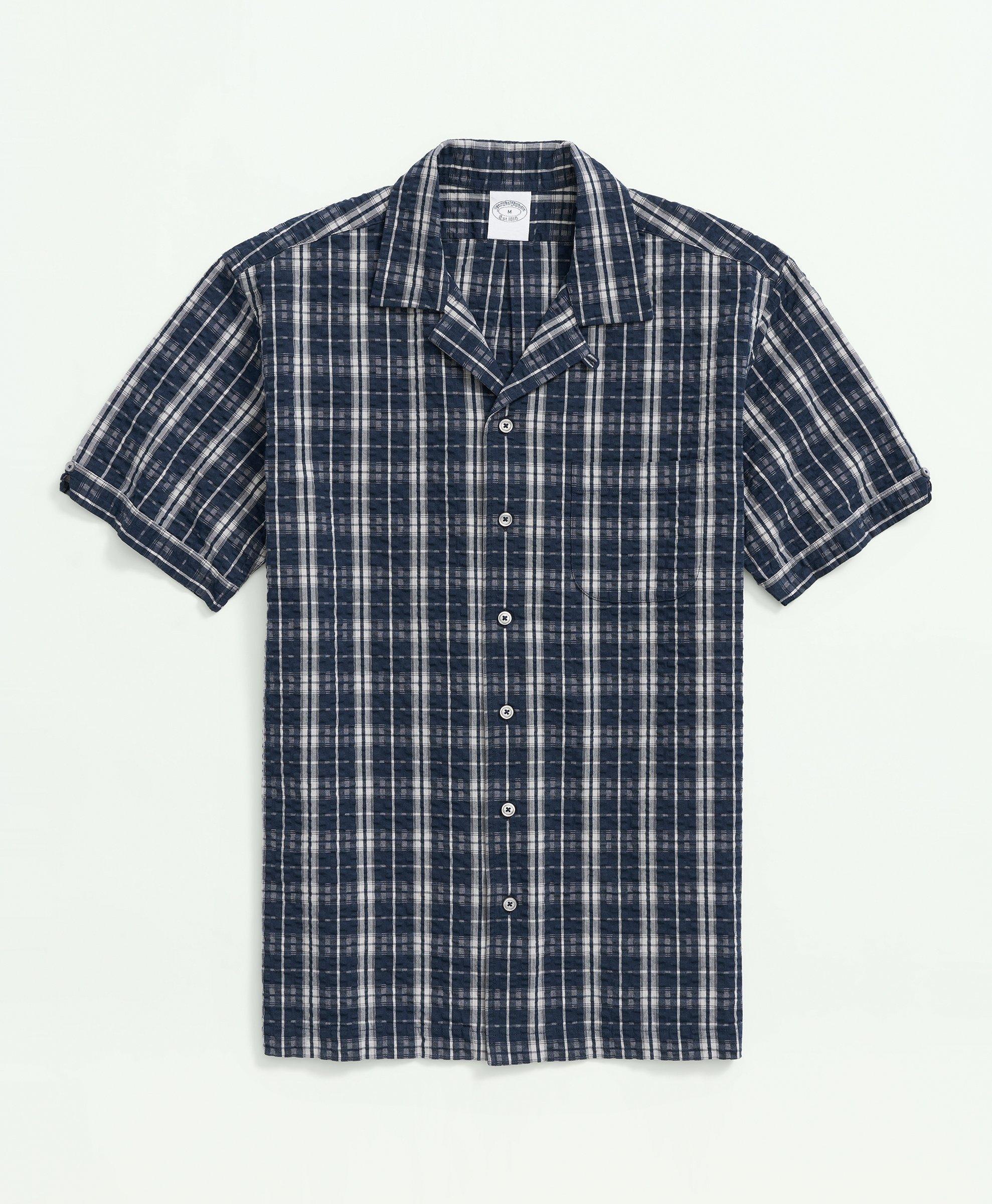 Brooks Brothers Stretch Cotton Camp Collar, Seersucker Short-sleeve Sport Shirt | Navy | Size Small
