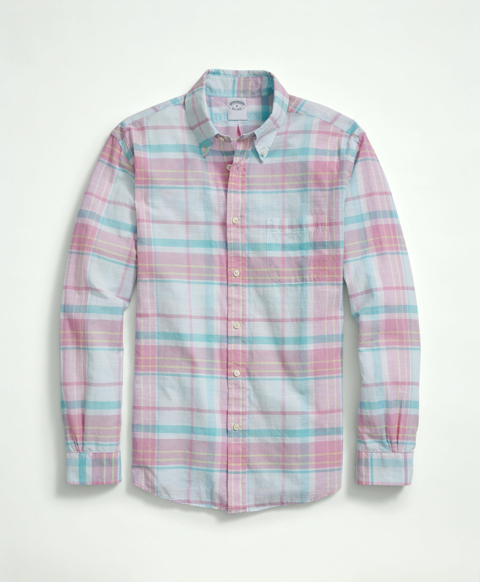 Brooks Brothers Washed Cotton Madras Button-down Collar Sport Shirt | Blue | Size Medium
