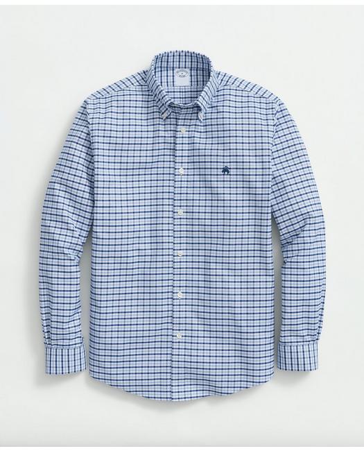 Brooks Brothers Stretch Cotton Non-iron Oxford Polo Button-down Collar, Gingham Shirt | Blue | Size Medium