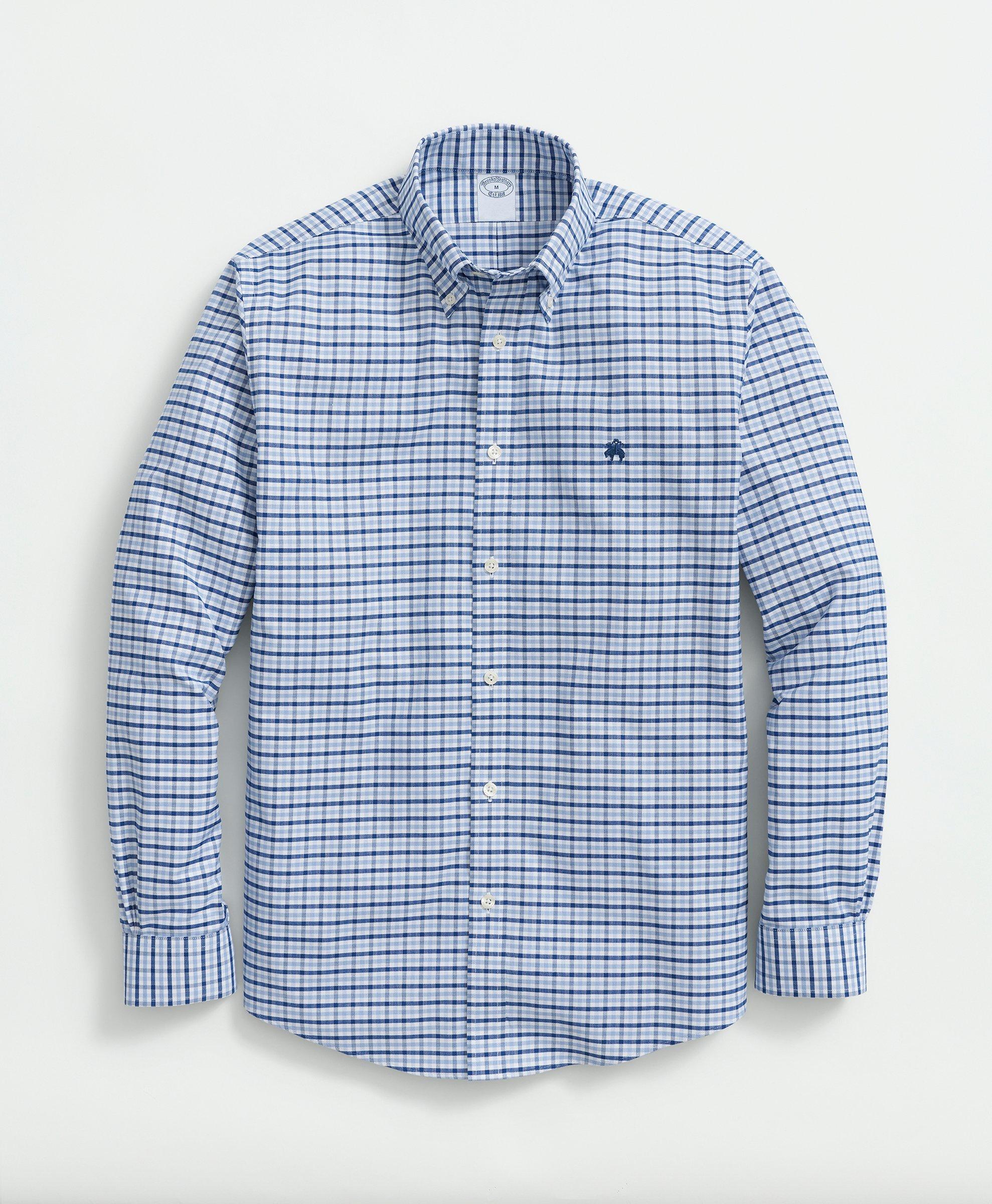 Brooks Brothers Stretch Cotton Non-iron Oxford Polo Button-down Collar, Gingham Shirt | Blue | Size Xs