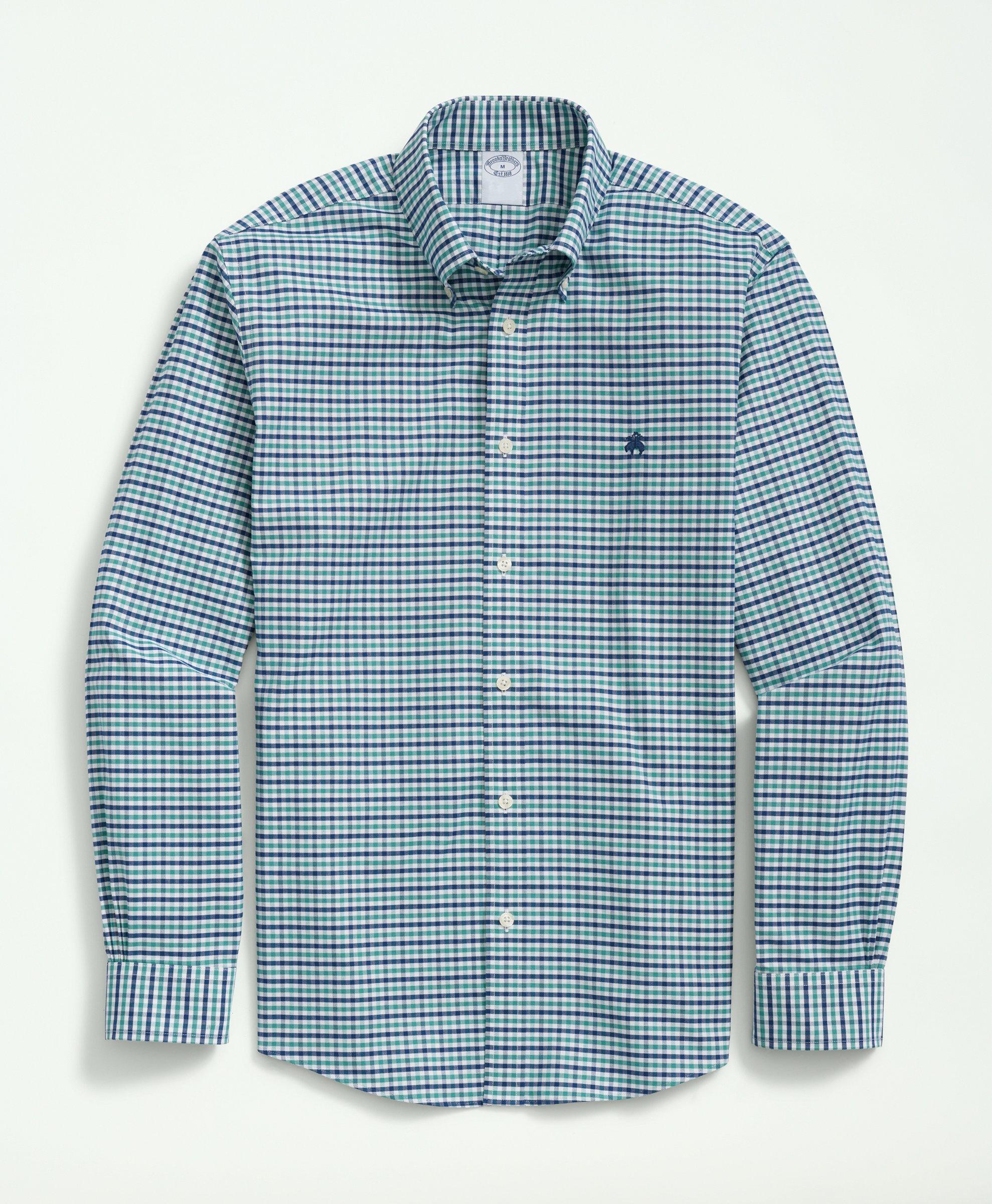 Brooks Brothers Stretch Cotton Non-iron Oxford Polo Button-down Collar, Gingham Shirt | Green | Size Medium