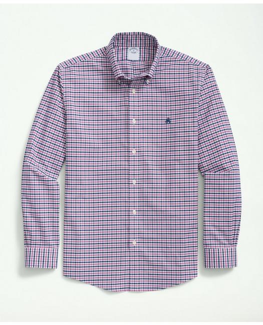 Brooks Brothers Stretch Cotton Non-iron Oxford Polo Button-down Collar, Gingham Shirt | Purple | Size 2xl