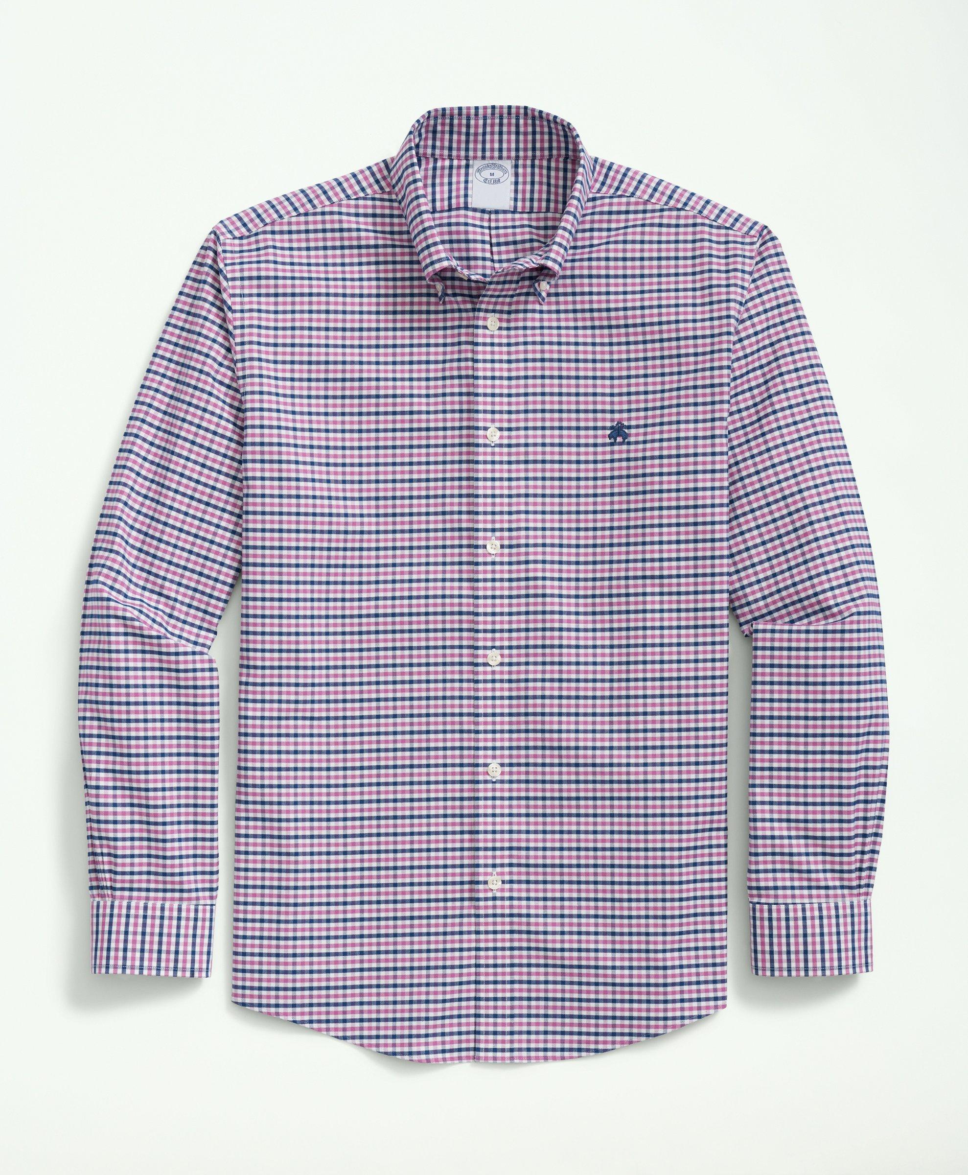 Brooks Brothers Stretch Cotton Non-iron Oxford Polo Button-down Collar, Gingham Shirt | Purple | Size Medium