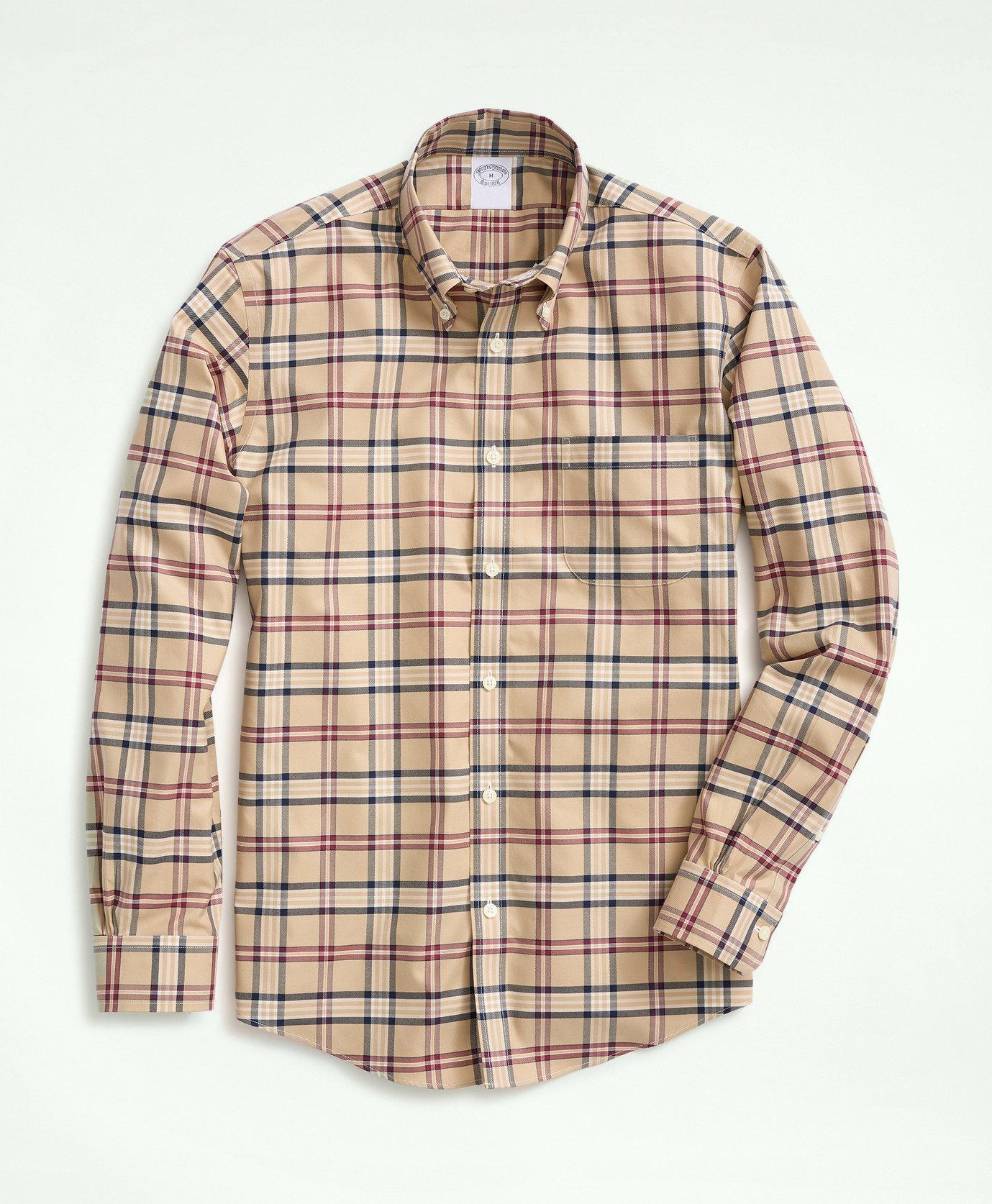 Brooks Brothers Stretch Supima Cotton Non-iron Twill Polo Button Down Collar, Tartan Shirt In Khaki