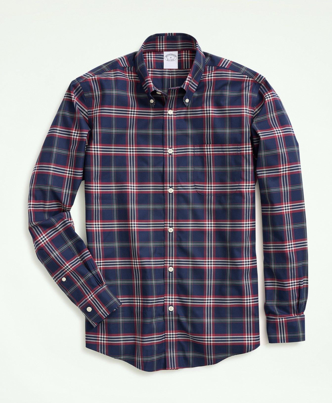 Brooks Brothers Stretch Supima Cotton Non-iron Twill Polo Button Down Collar, Tartan Shirt In Navy