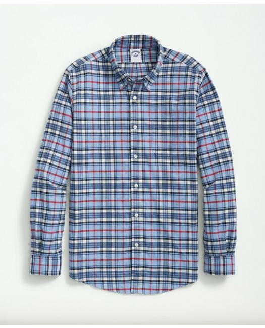 Brooks Brothers Portuguese Flannel Polo Button Down Collar, Plaid Shirt | Light Blue | Size Medium