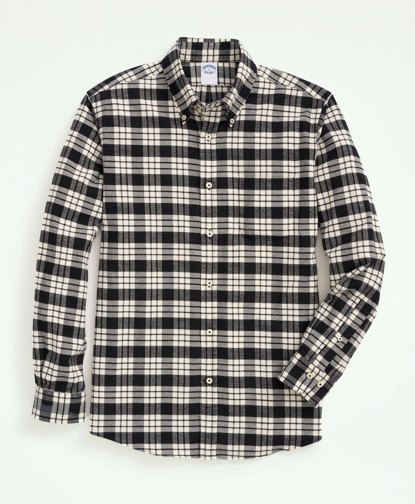 Brooks Brothers Portuguese Flannel Polo Button Down Collar, Plaid Shirt | Black/white | Size Large In White Black