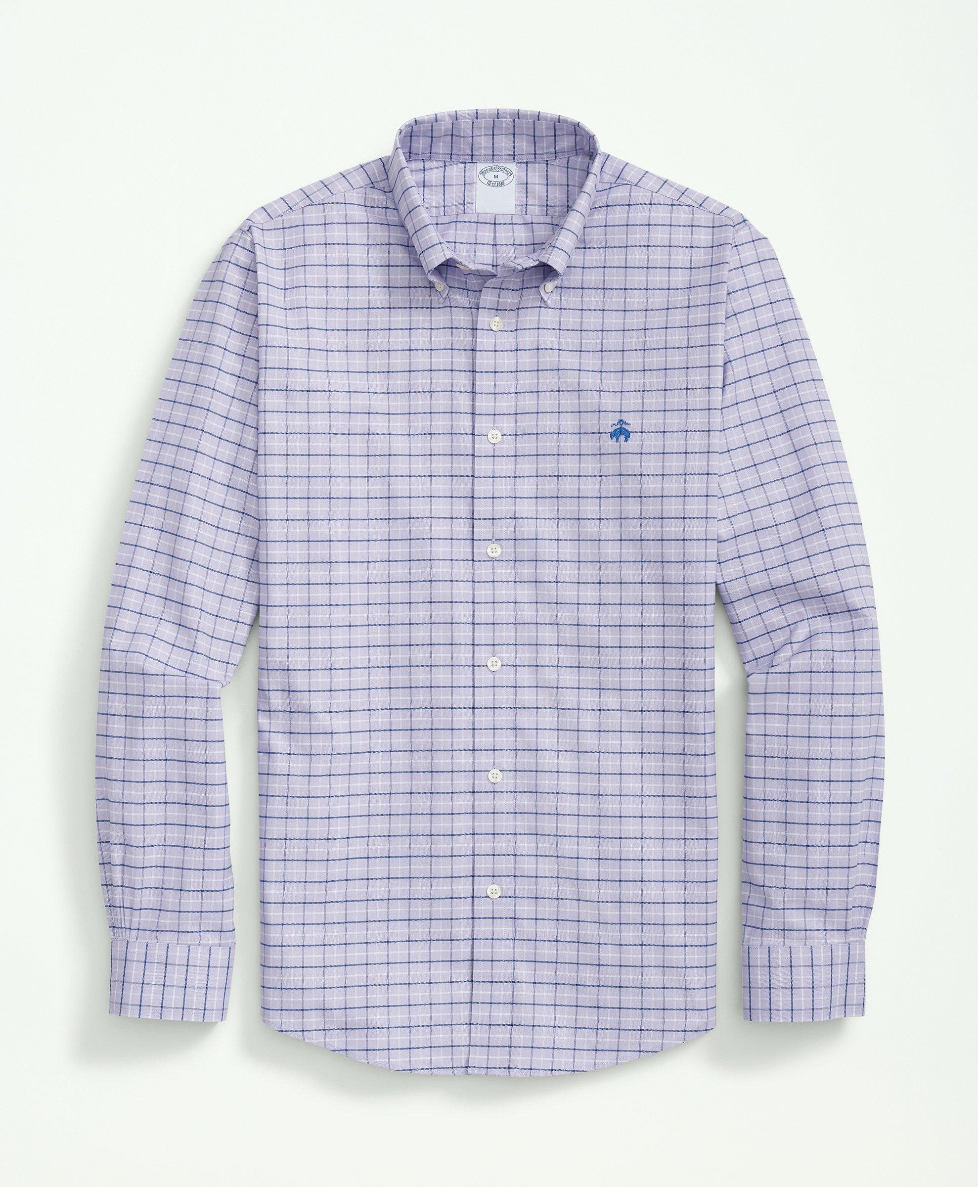 Brooks Brothers Stretch Cotton Non-iron Oxford Polo Button Down Collar, Tattersall Shirt | Lavender | Size Large
