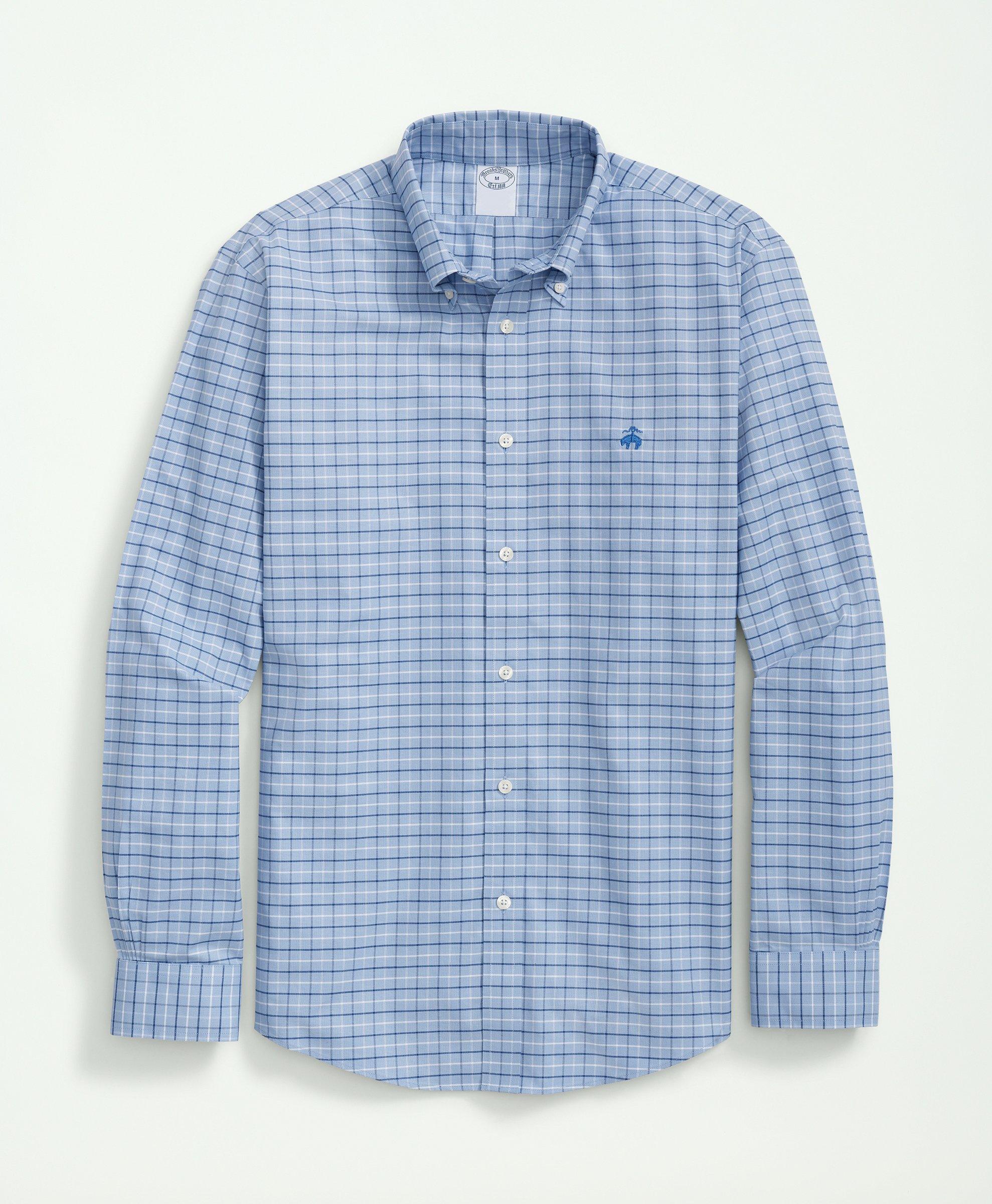 Brooks Brothers Stretch Cotton Non-iron Oxford Polo Button Down Collar, Tattersall Shirt | Light Blue | Size Small