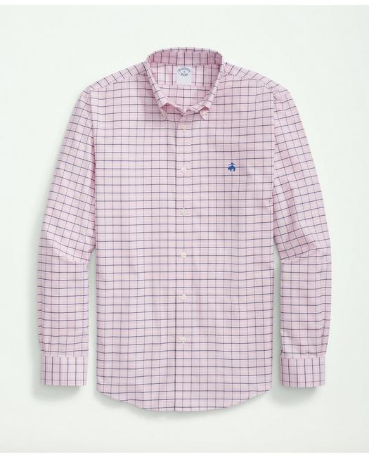 Brooks Brothers Stretch Cotton Non-iron Oxford Polo Button Down Collar, Tattersall Shirt | Pink | Size Small