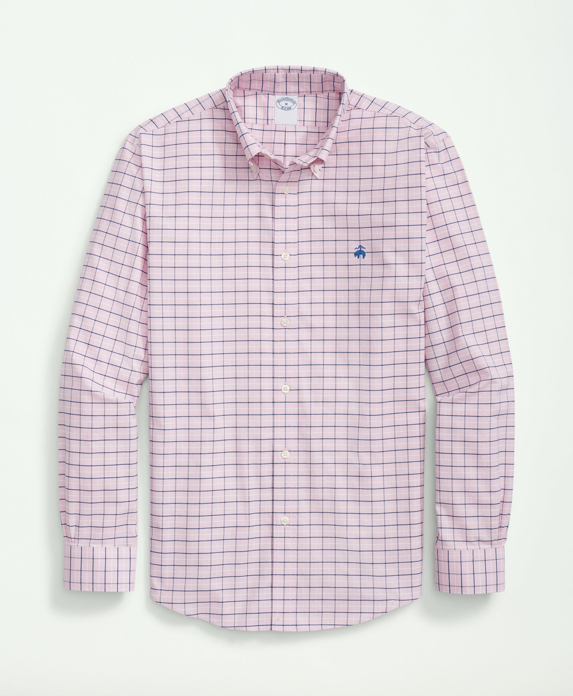Brooks Brothers Stretch Cotton Non-iron Oxford Polo Button Down Collar, Tattersall Shirt | Pink | Size Small